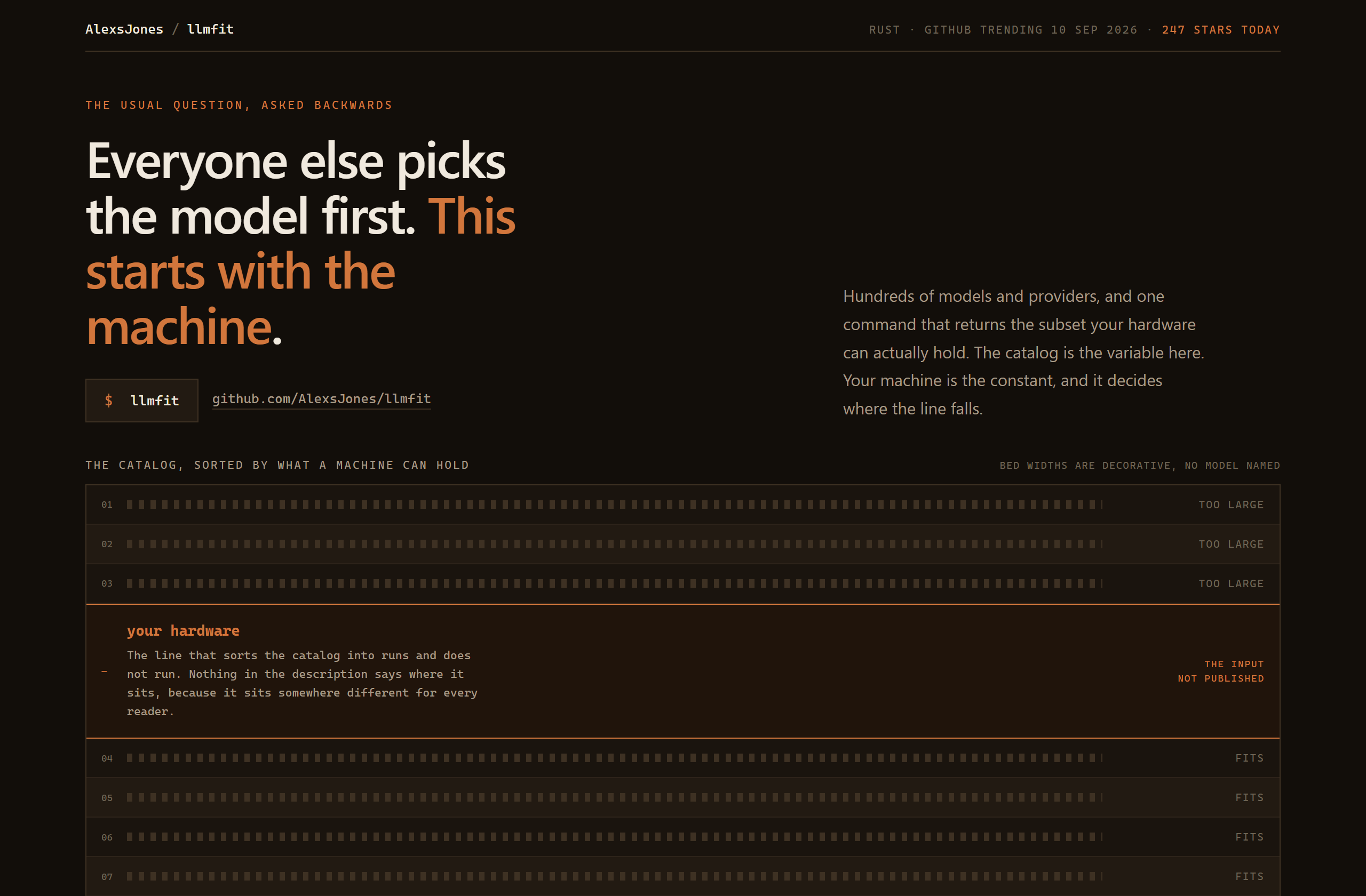 AlexsJones/llmfit landing-page hero mock, strata style