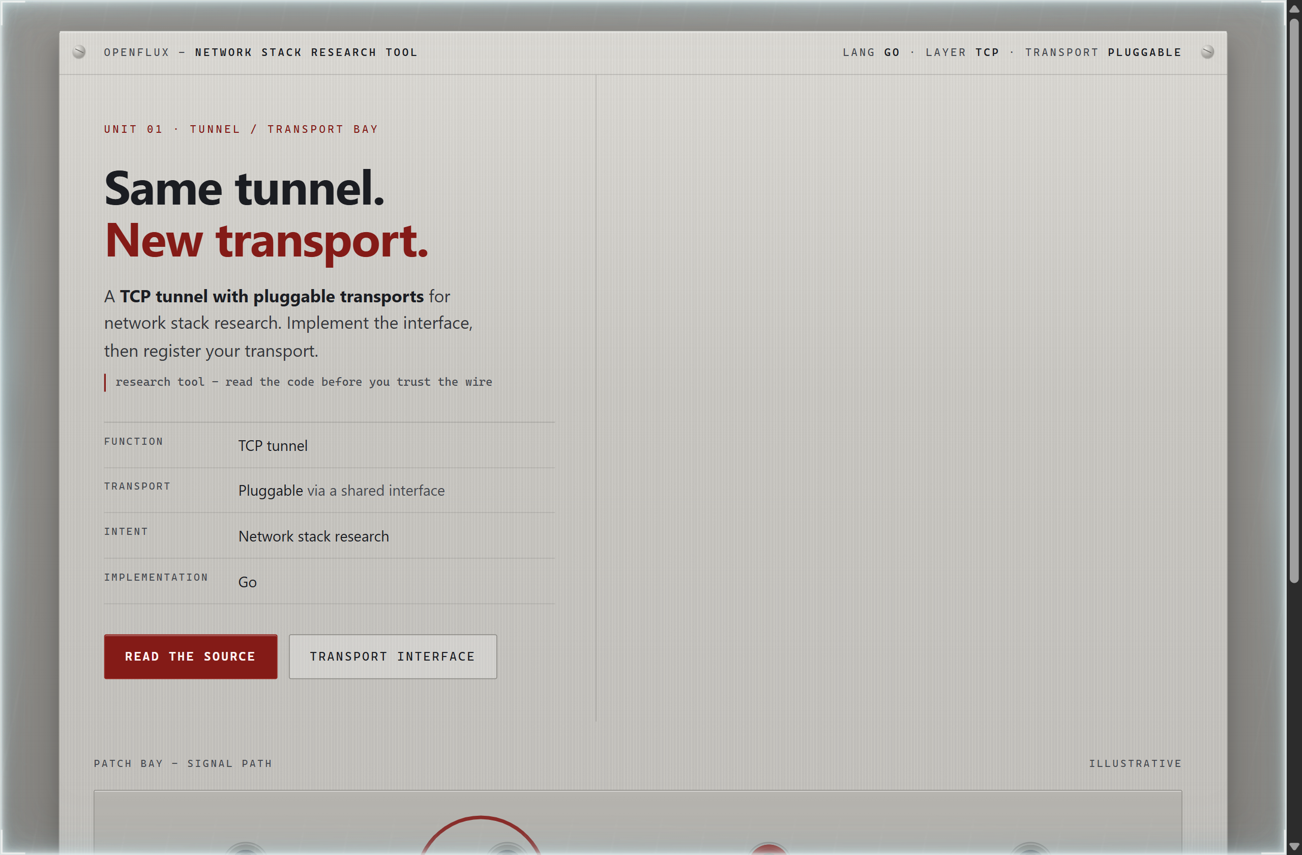 p1neappleXpress/OpenFlux landing-page hero mock, patchbay style