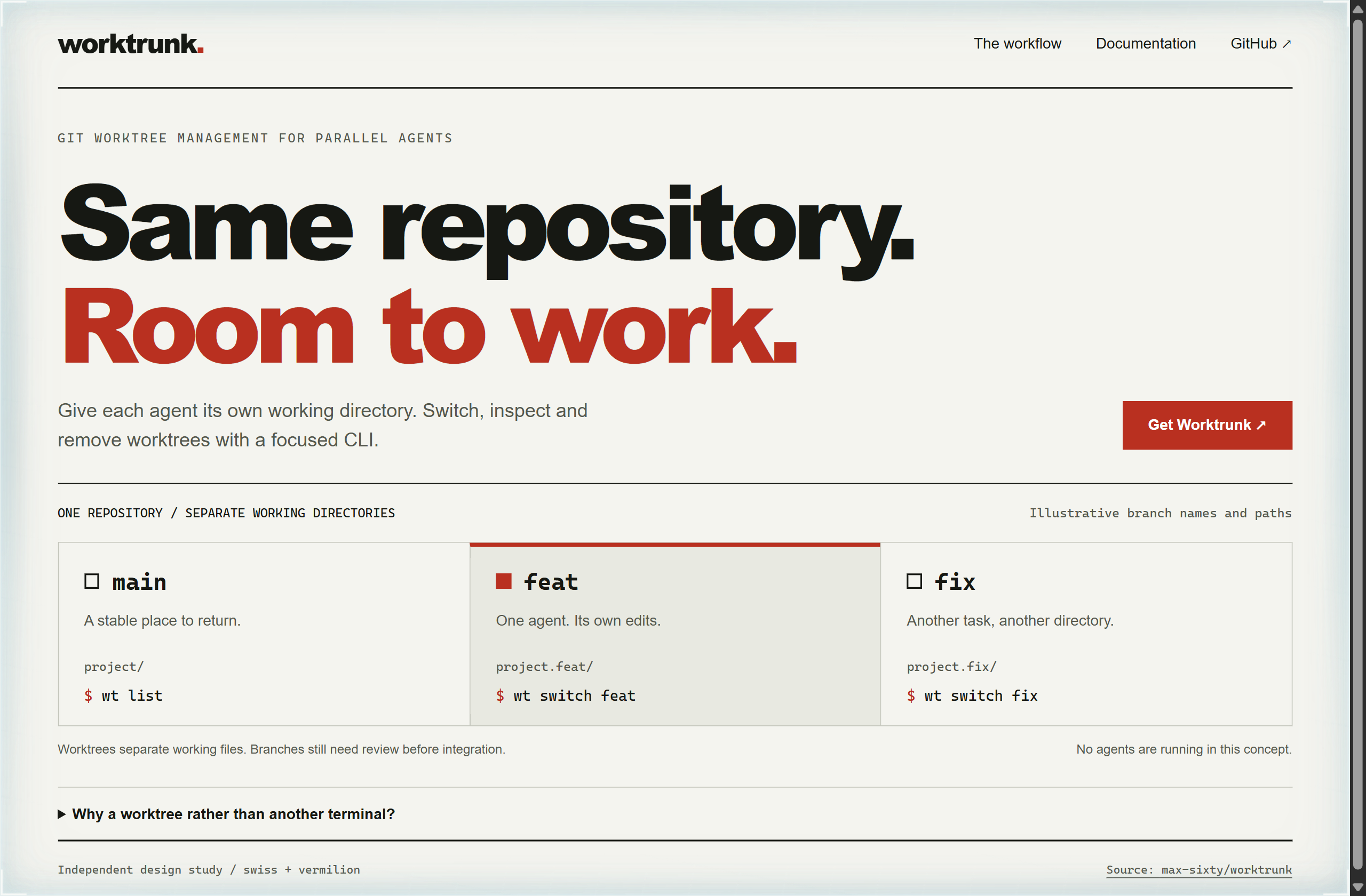 max-sixty/worktrunk landing-page hero mock, swiss style