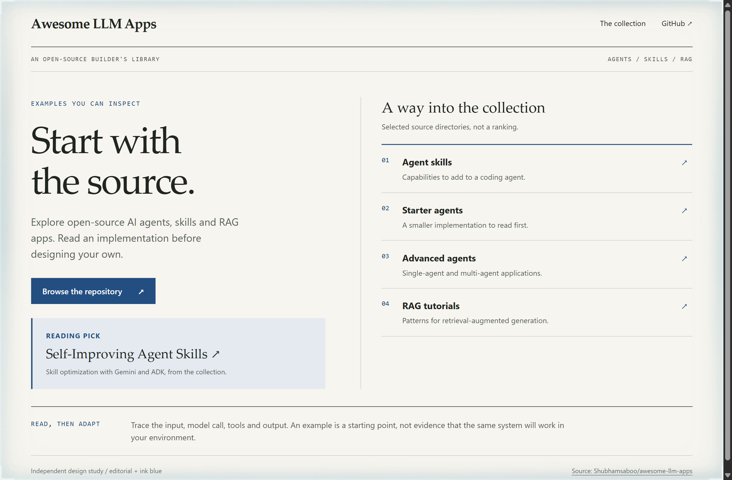 Shubhamsaboo/awesome-llm-apps landing-page hero mock, editorial style