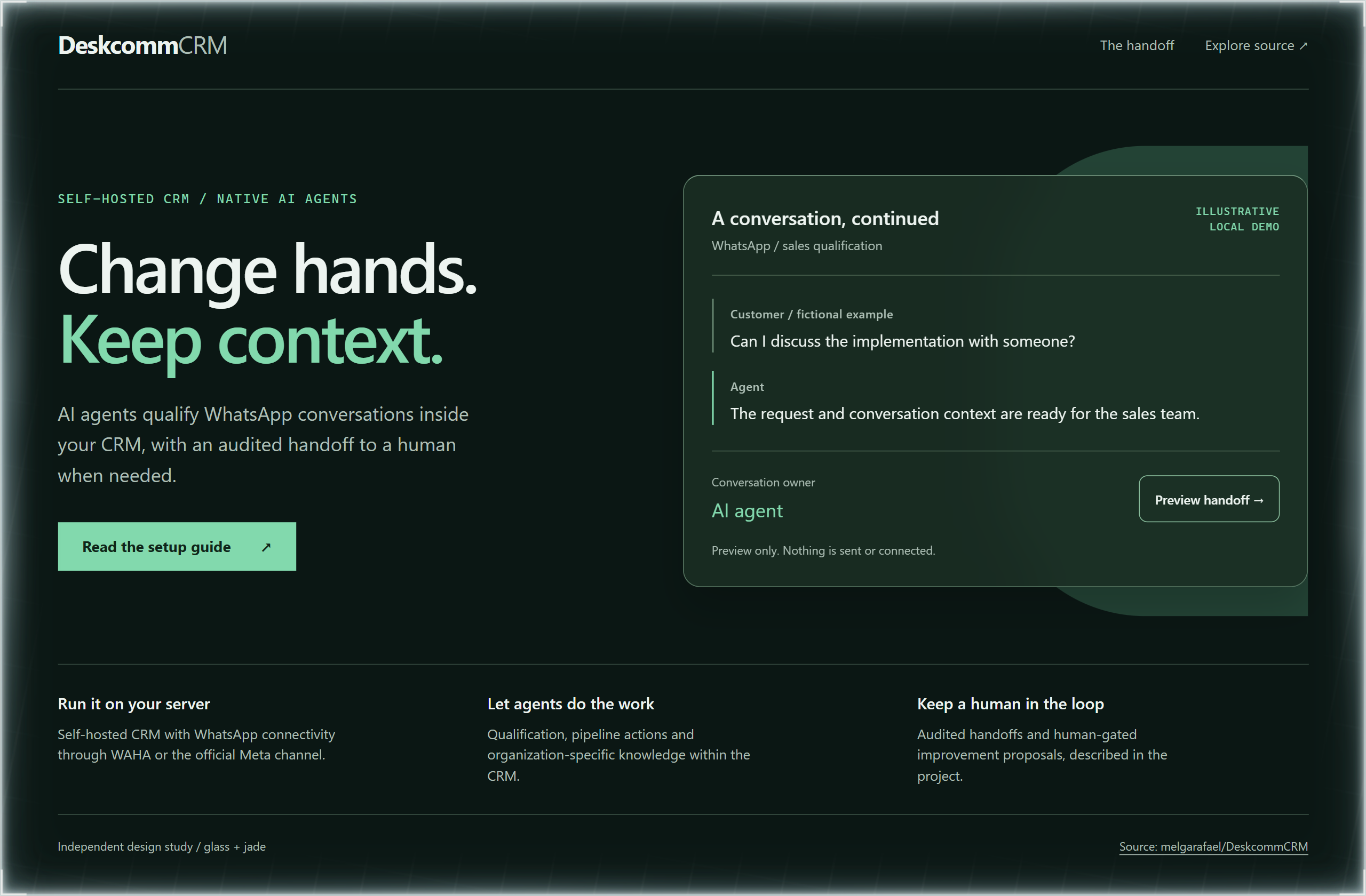 melgarafael/DeskcommCRM landing-page hero mock, glass style