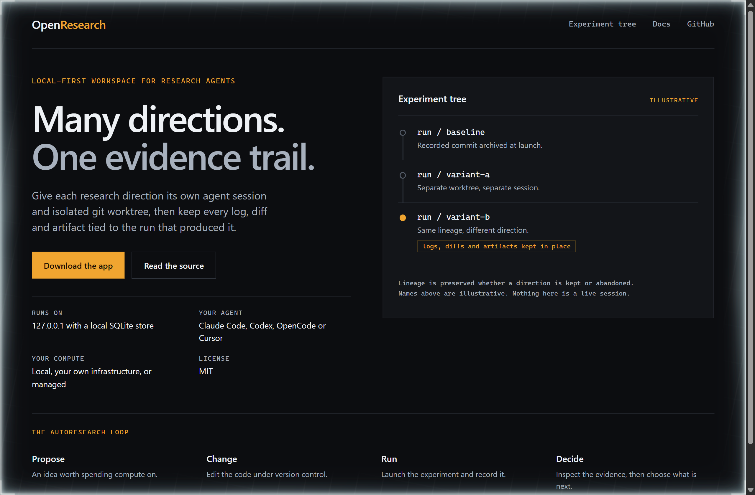 alphaXiv/OpenResearch landing-page hero mock, terminal-dark style