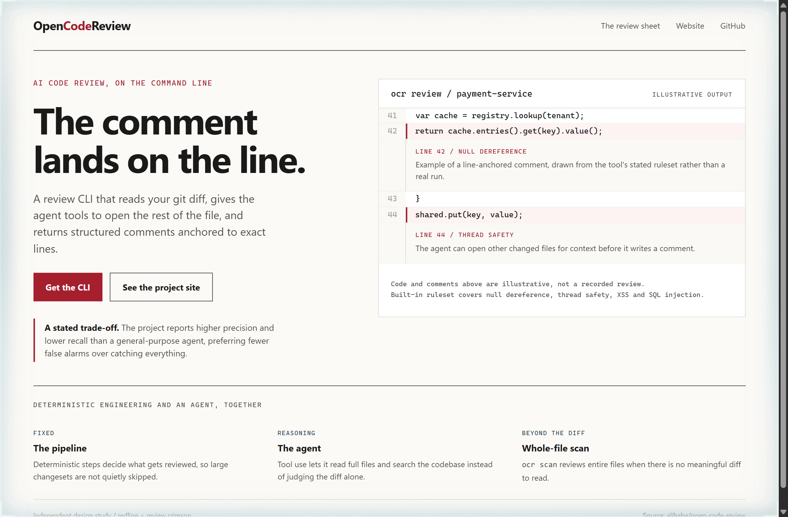 alibaba/open-code-review landing-page hero mock, redline style