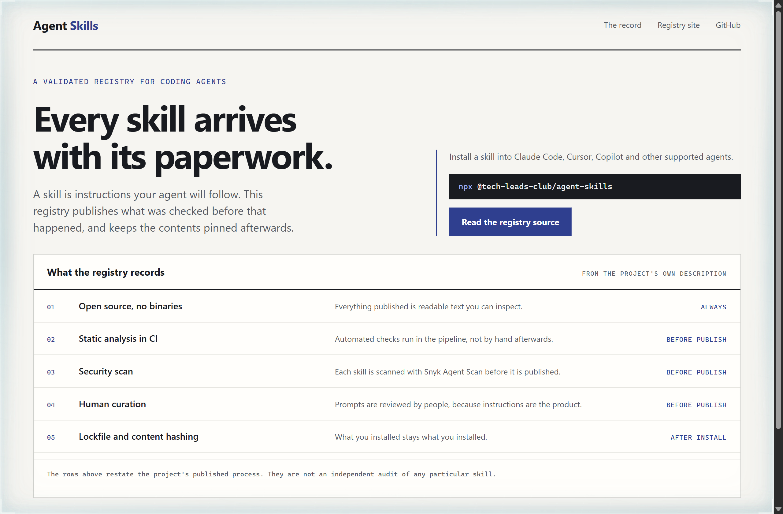tech-leads-club/agent-skills landing-page hero mock, ledger style