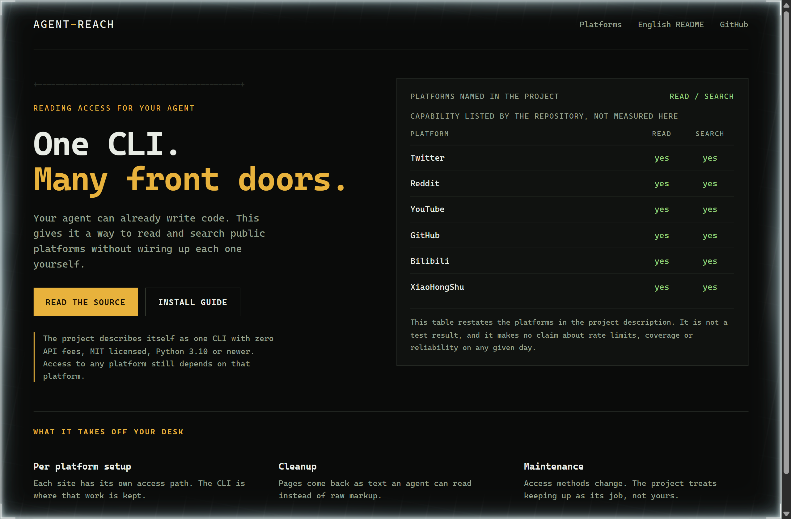 Panniantong/Agent-Reach landing-page hero mock, mono-zine style
