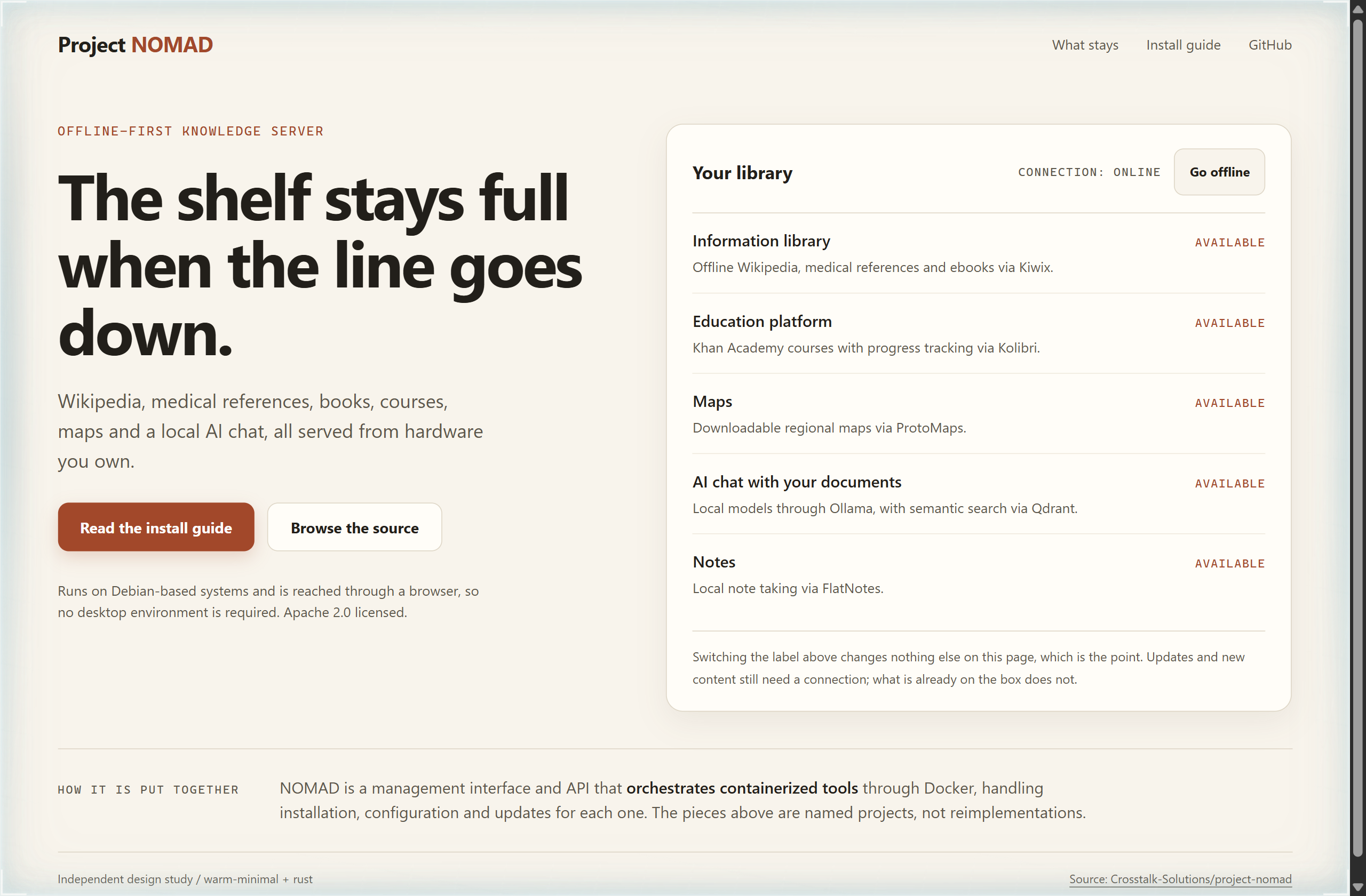 Crosstalk-Solutions/project-nomad landing-page hero mock, warm-minimal style