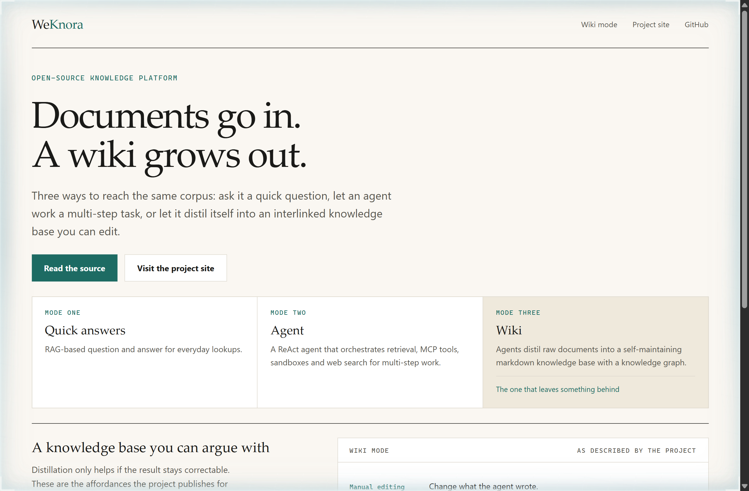 Tencent/WeKnora landing-page hero mock, editorial style