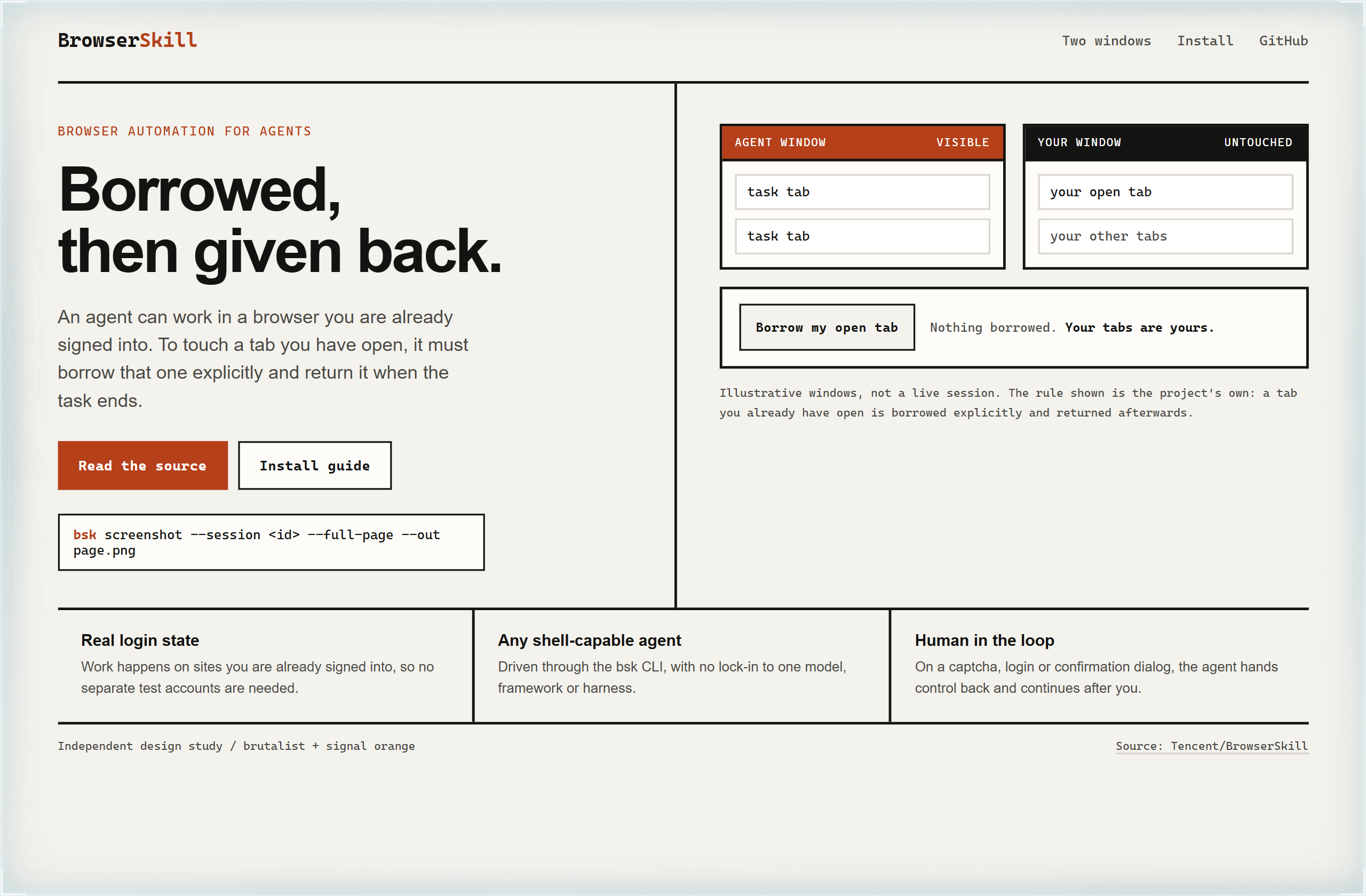 Tencent/BrowserSkill landing-page hero mock, brutalist style
