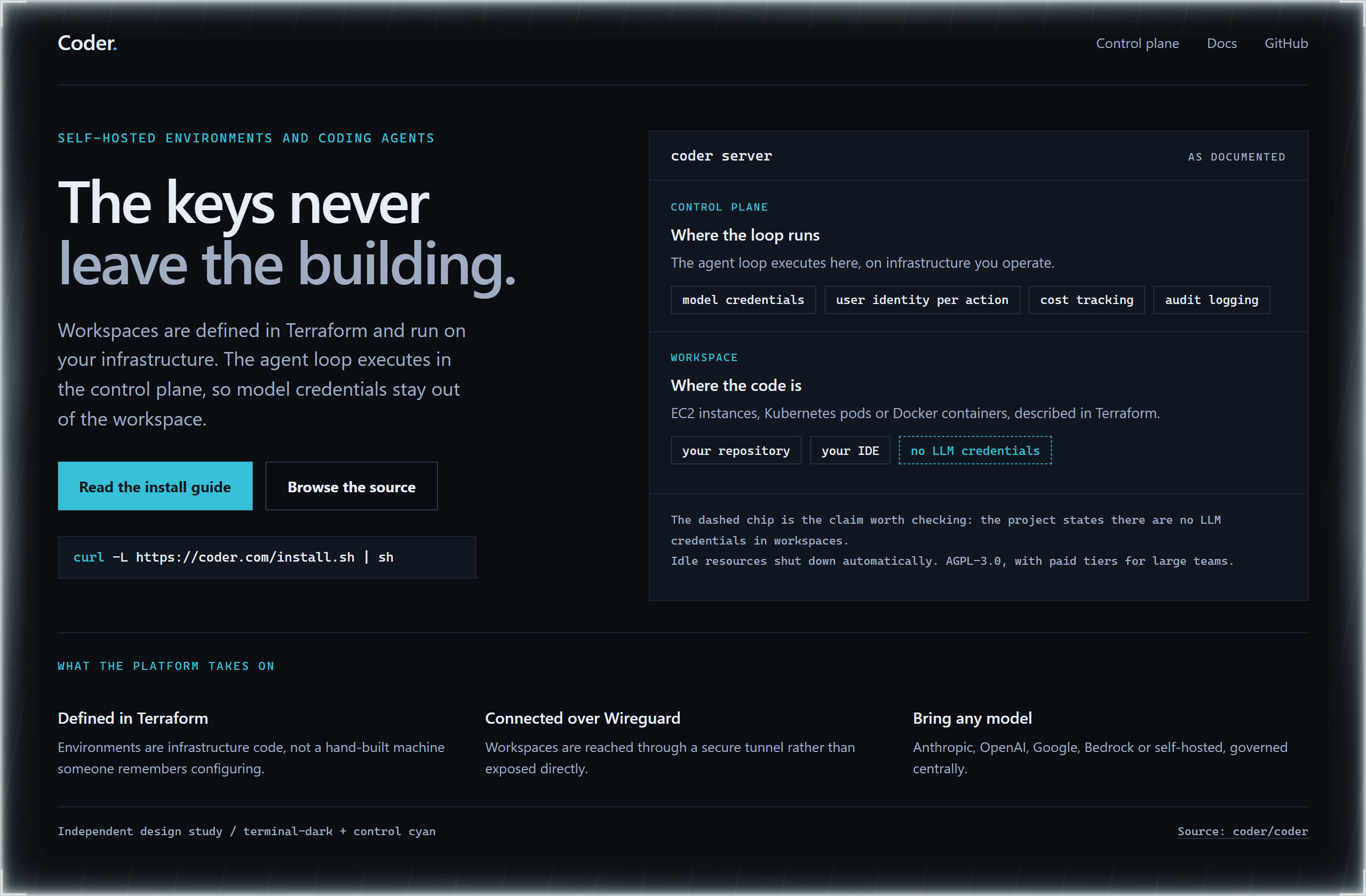 coder/coder landing-page hero mock, terminal-dark style