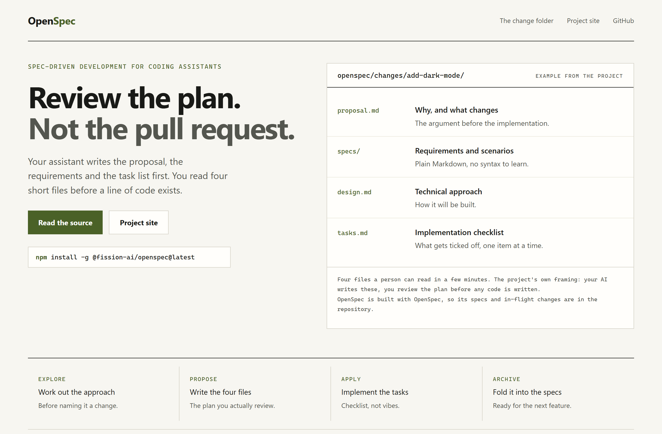 Fission-AI/OpenSpec landing-page hero mock, warm-minimal style