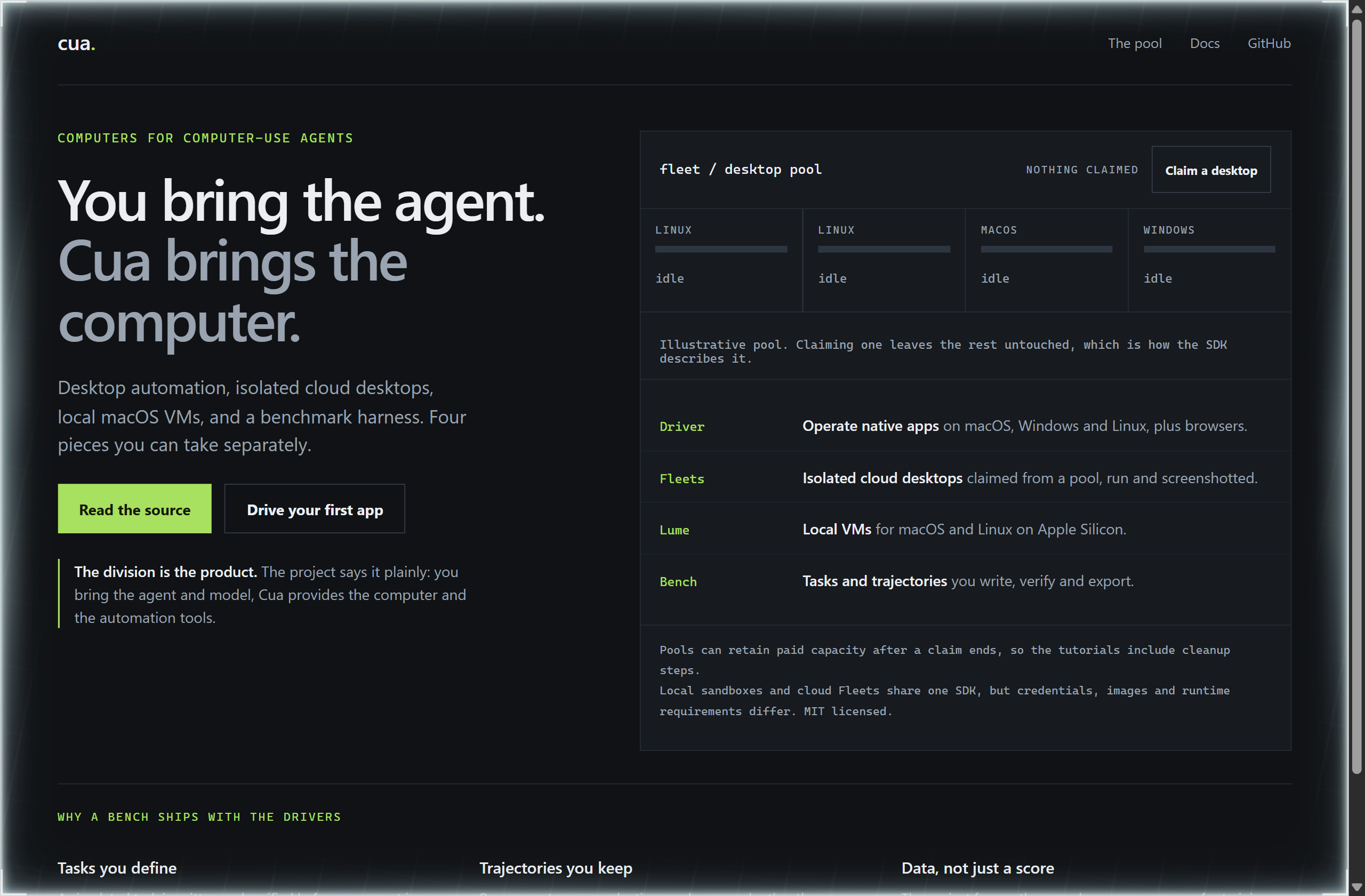 trycua/cua landing-page hero mock, cell-grid style