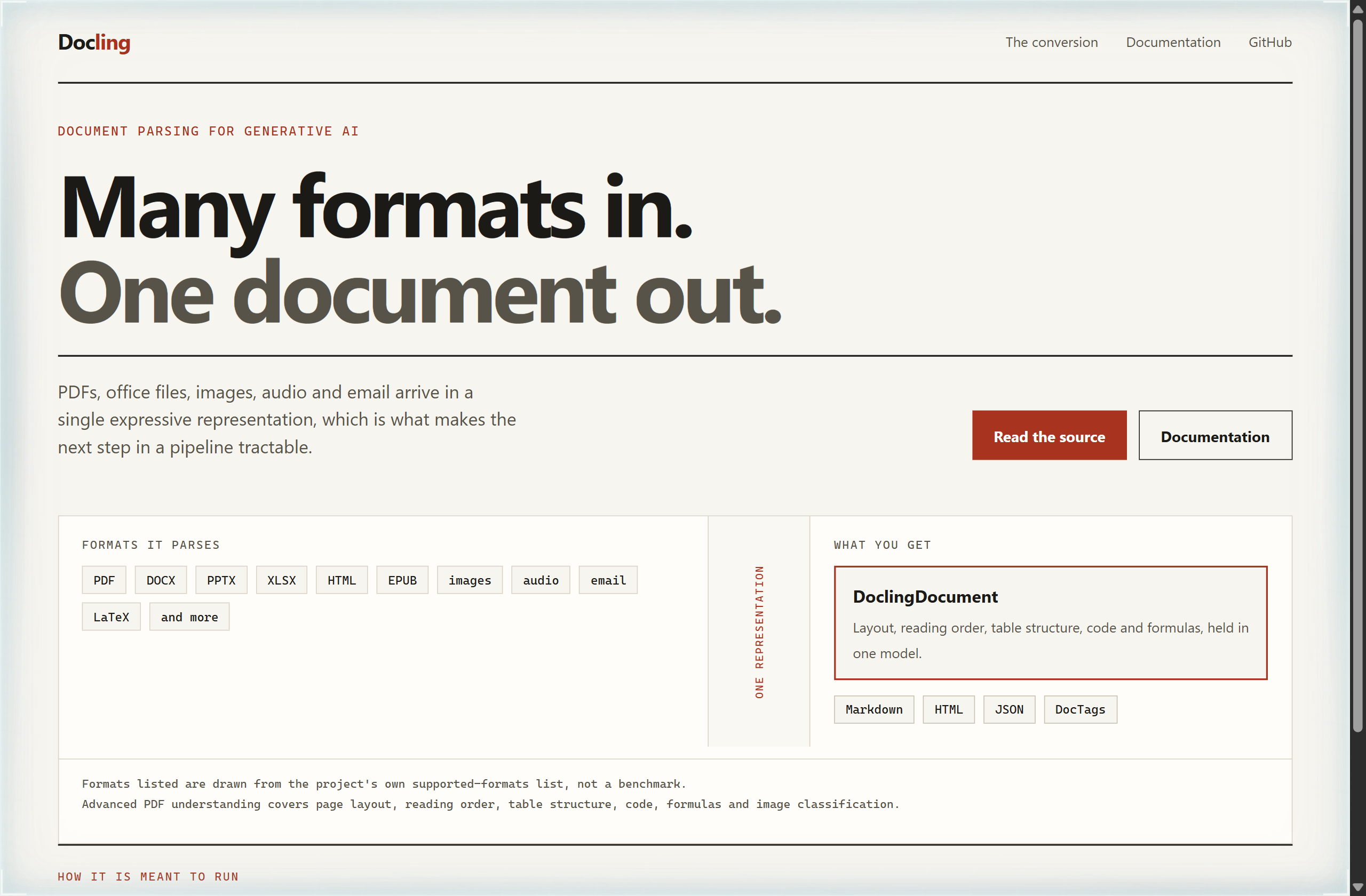 docling-project/docling landing-page hero mock, swiss style