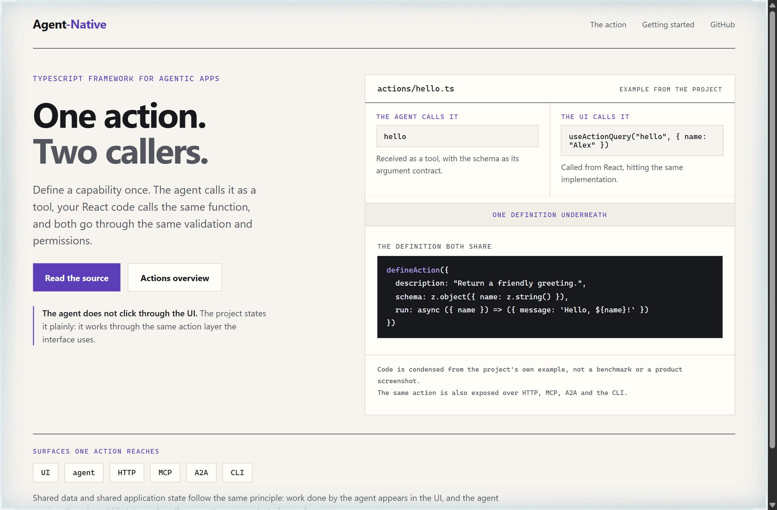 BuilderIO/agent-native landing-page hero mock, specimen style