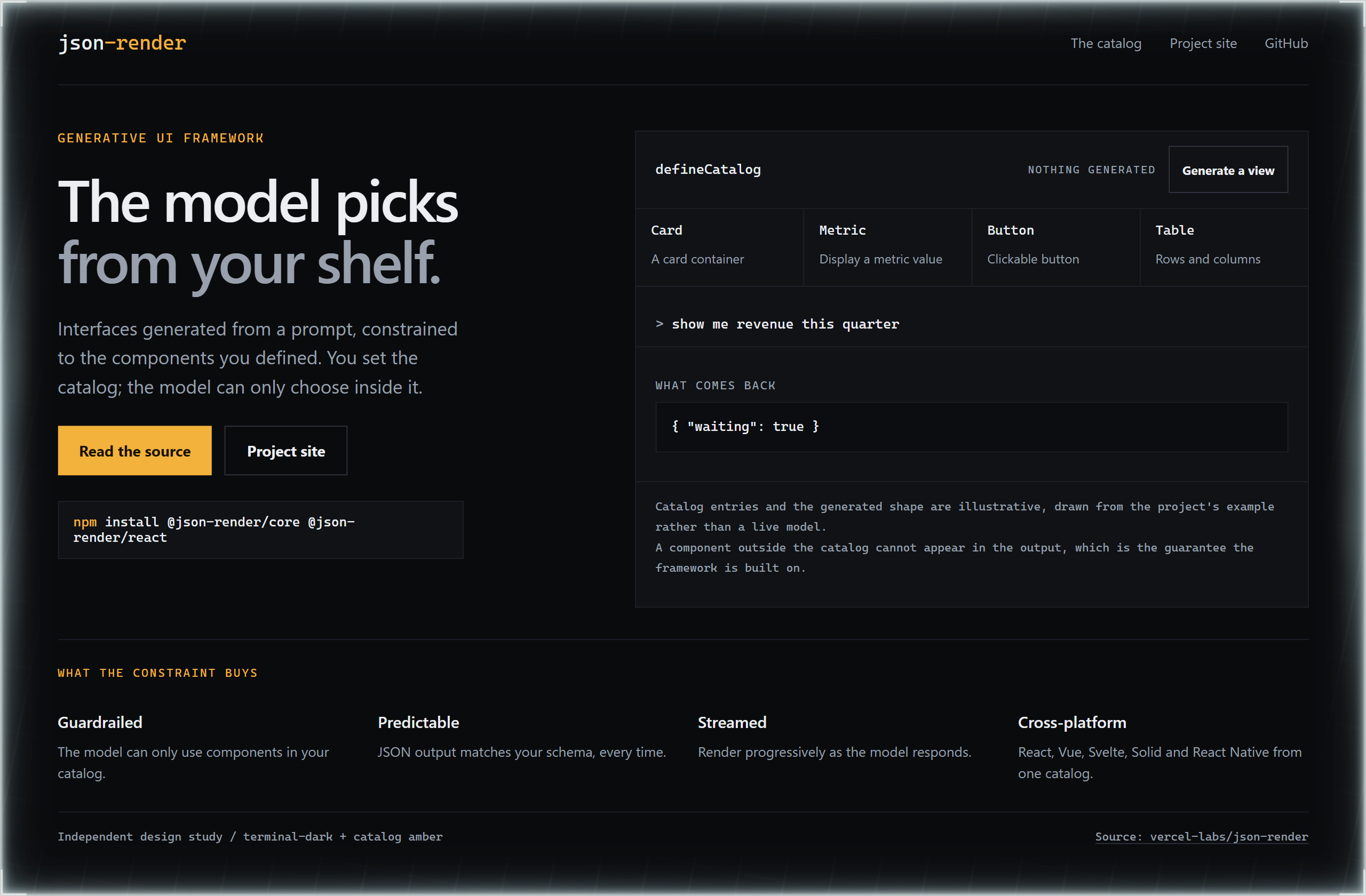 vercel-labs/json-render landing-page hero mock, terminal-dark style