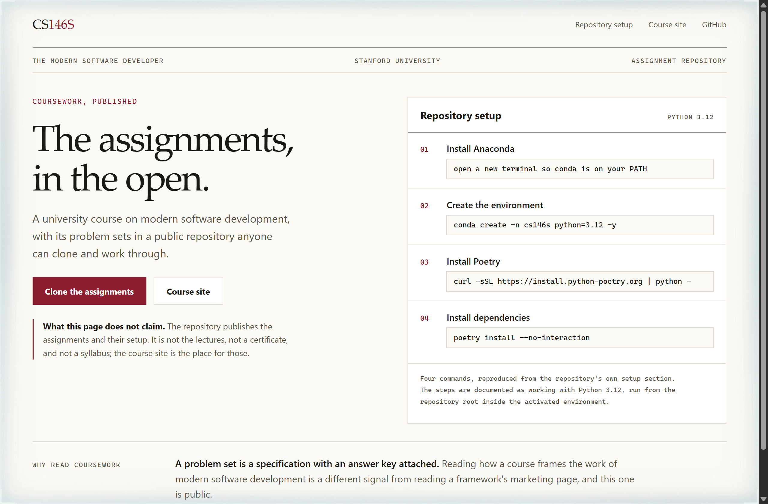 mihail911/modern-software-dev-assignments landing-page hero mock, editorial style