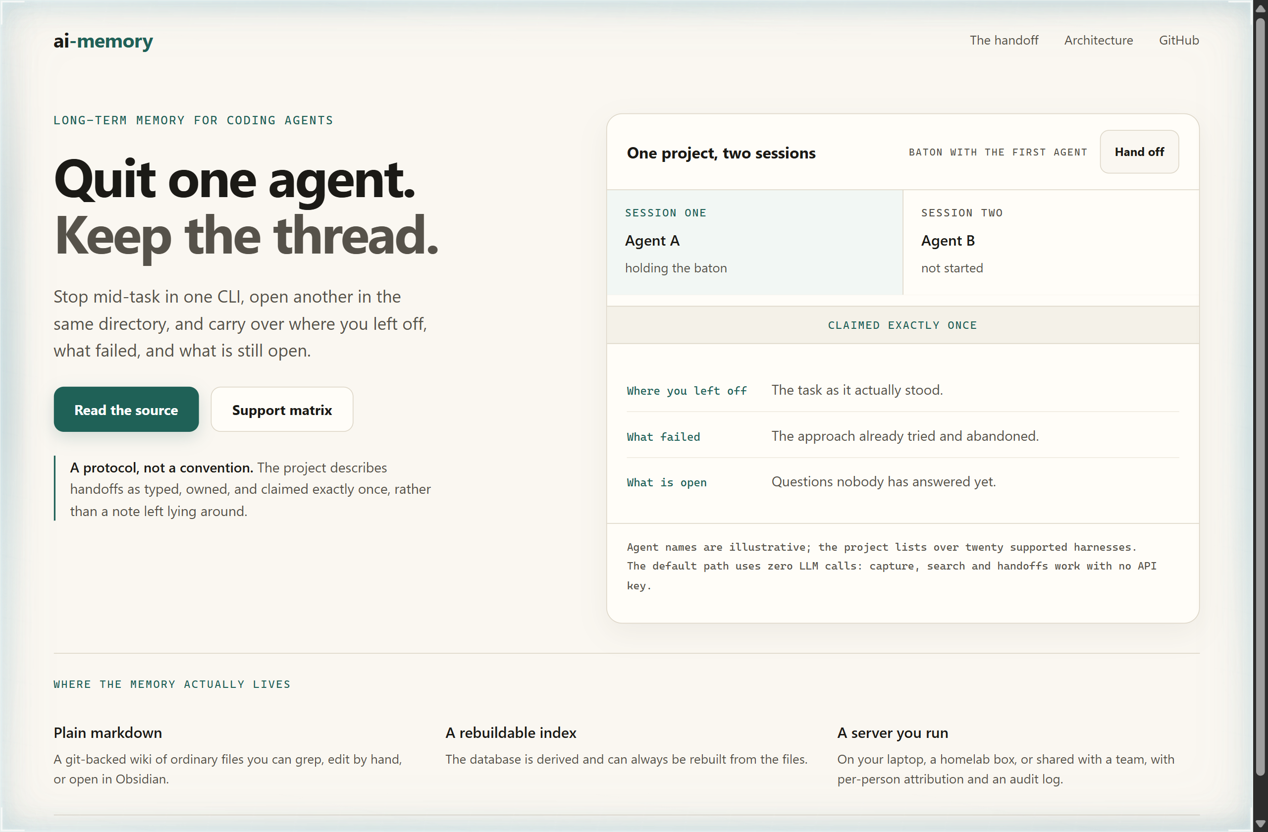 akitaonrails/ai-memory landing-page hero mock, warm-minimal style