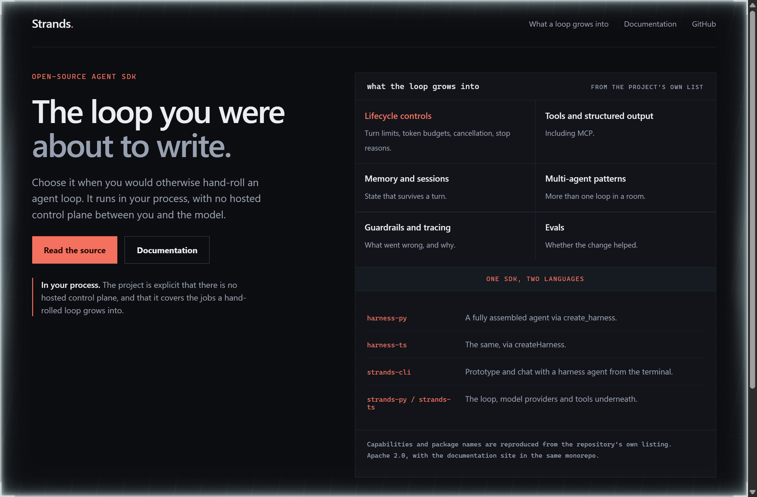 strands-agents/harness-sdk landing-page hero mock, neon-noir style