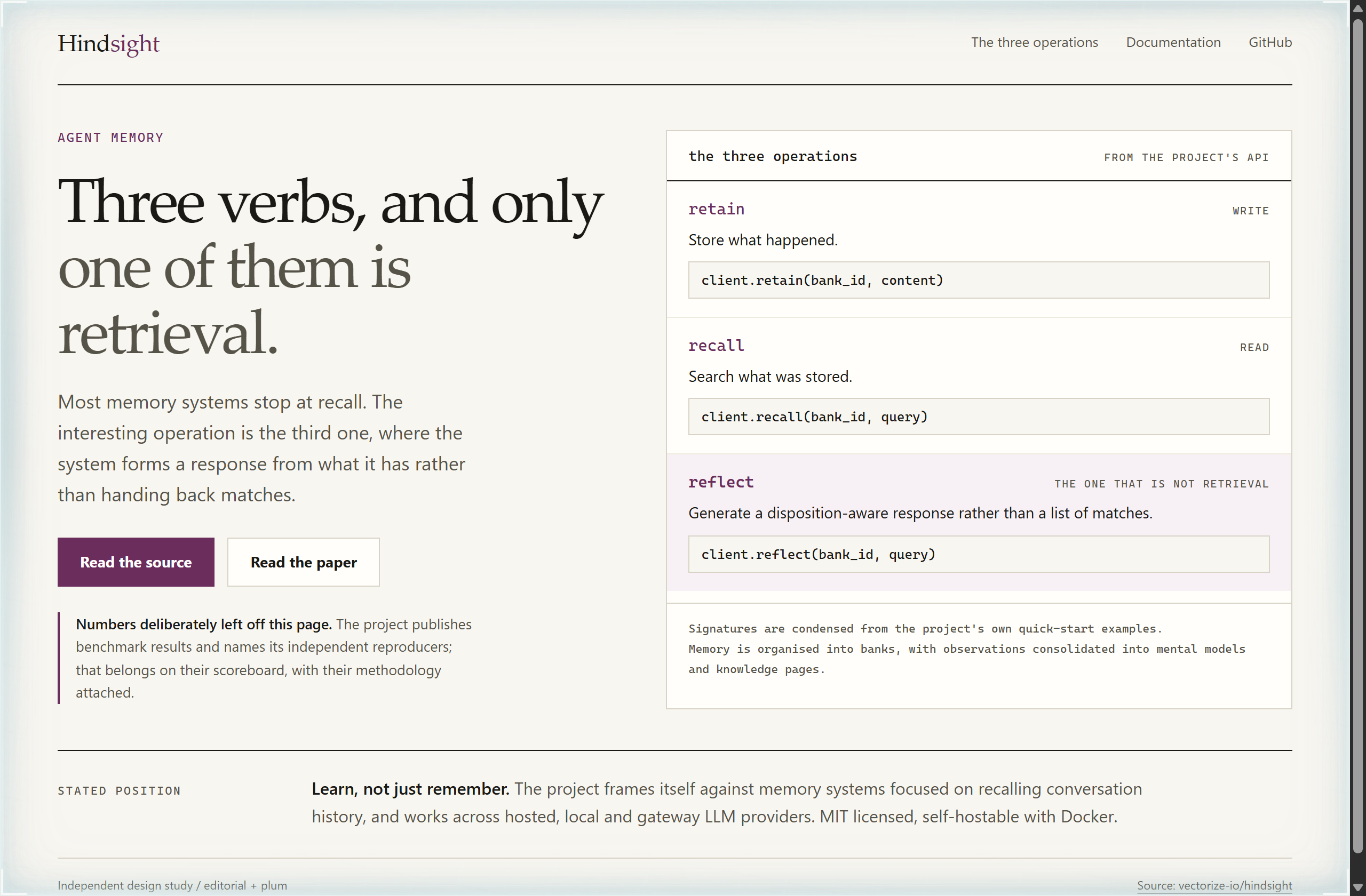 vectorize-io/hindsight landing-page hero mock, editorial style