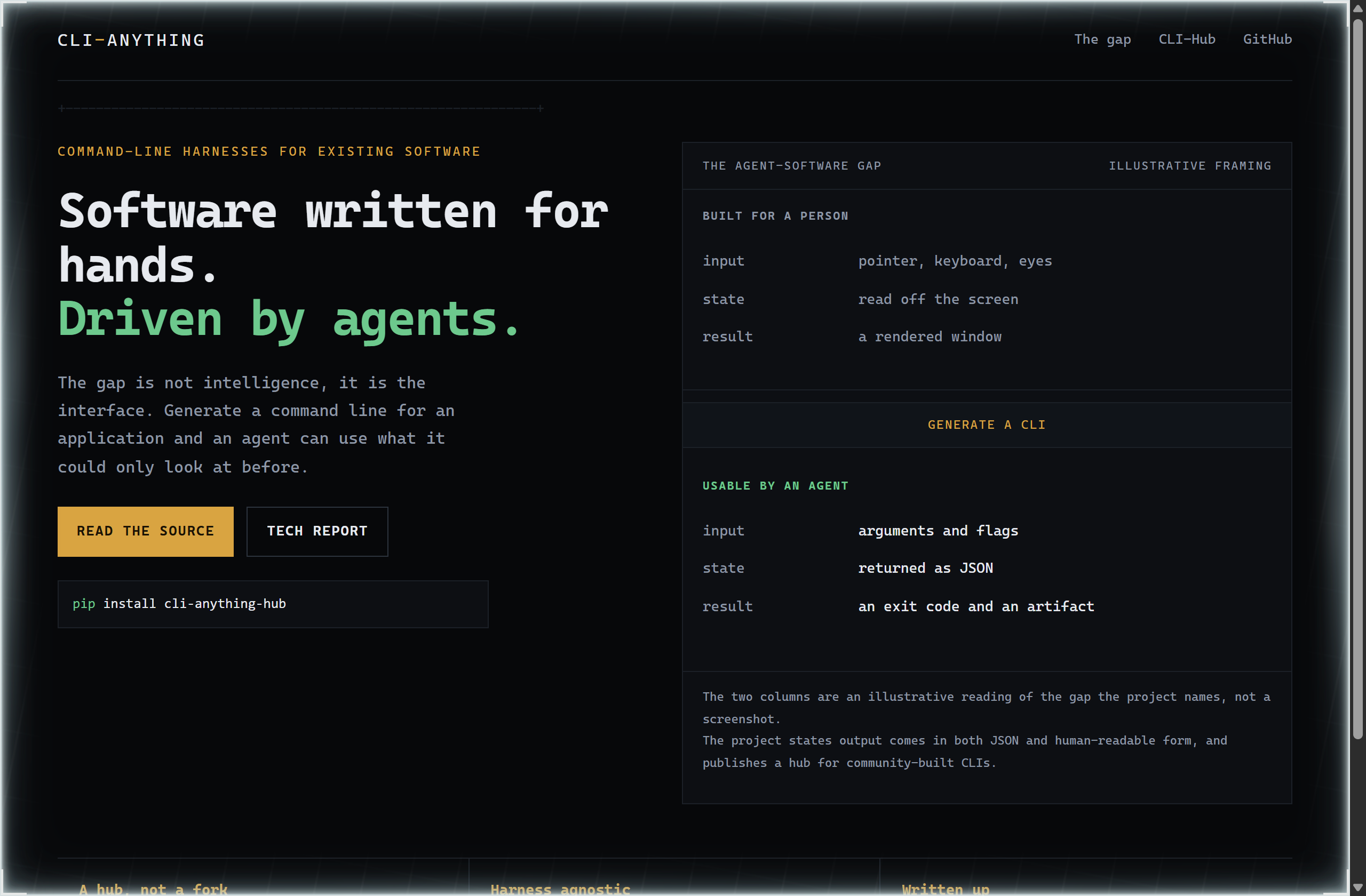 HKUDS/CLI-Anything landing-page hero mock, mono-zine style