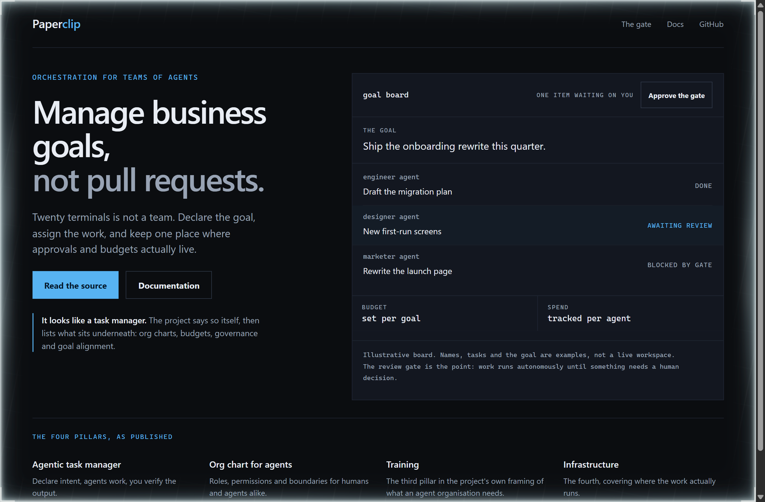 paperclipai/paperclip landing-page hero mock, terminal-dark style