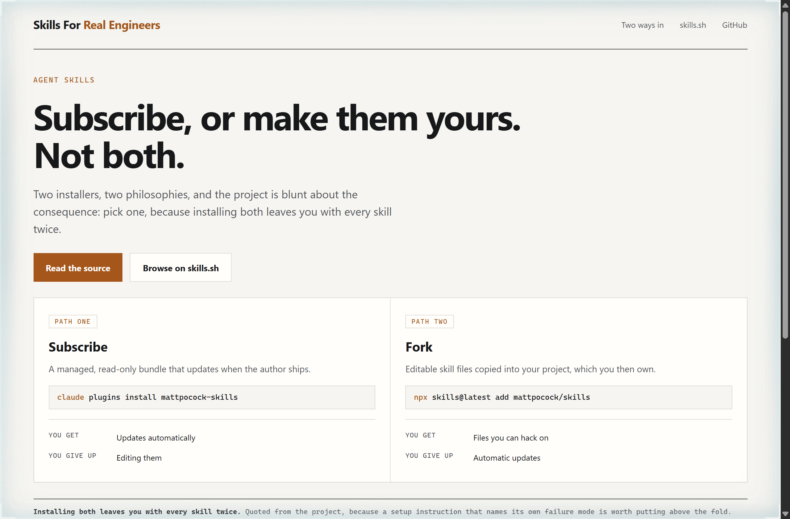 mattpocock/skills landing-page hero mock, swiss style