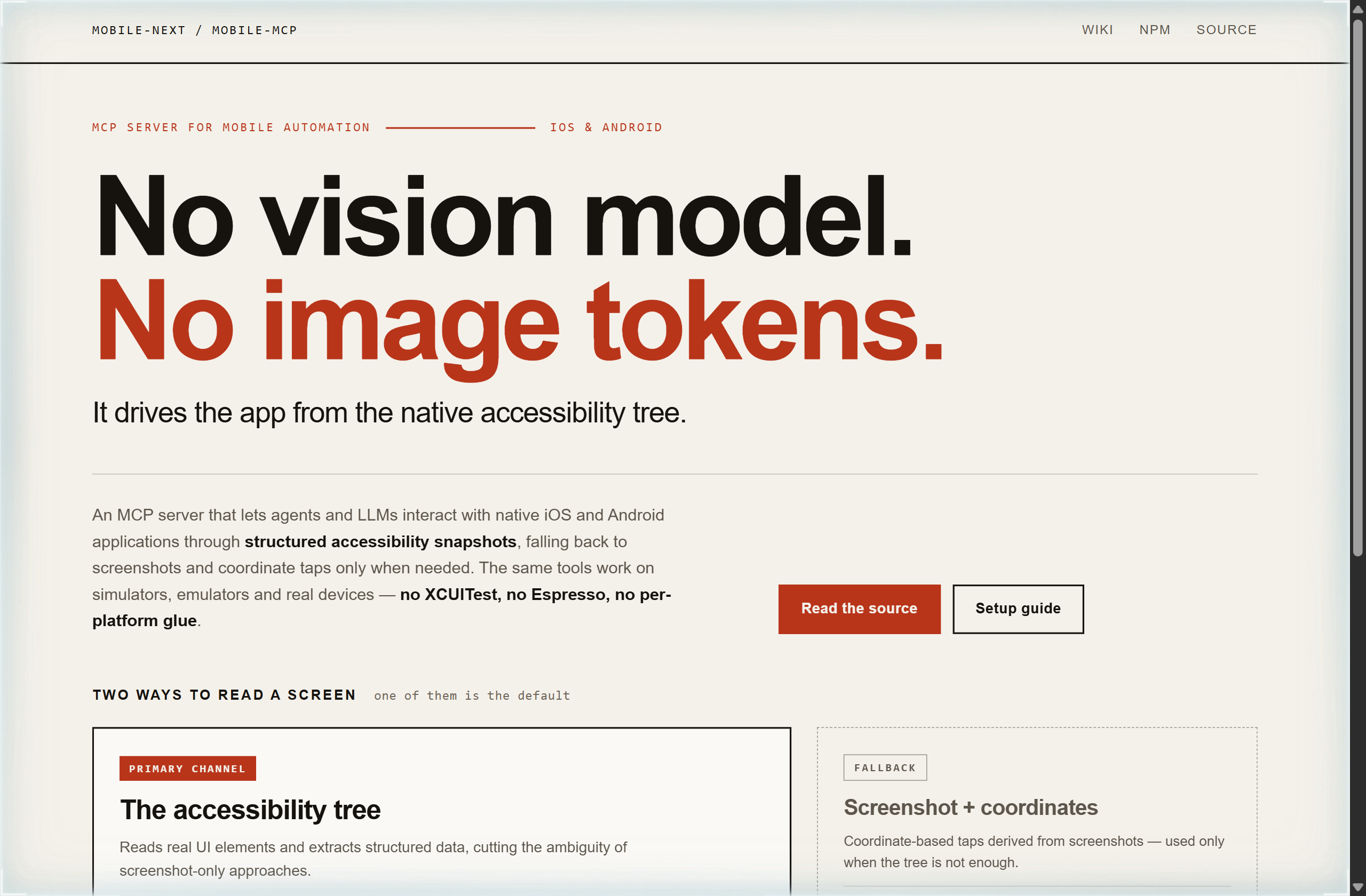 mobile-next/mobile-mcp landing-page hero mock, poster style