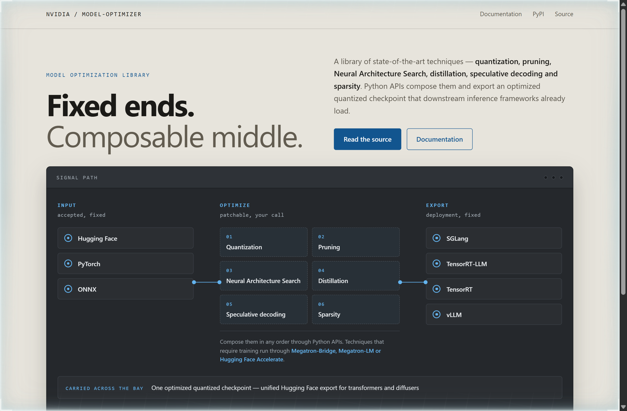 NVIDIA/Model-Optimizer landing-page hero mock, patchbay style