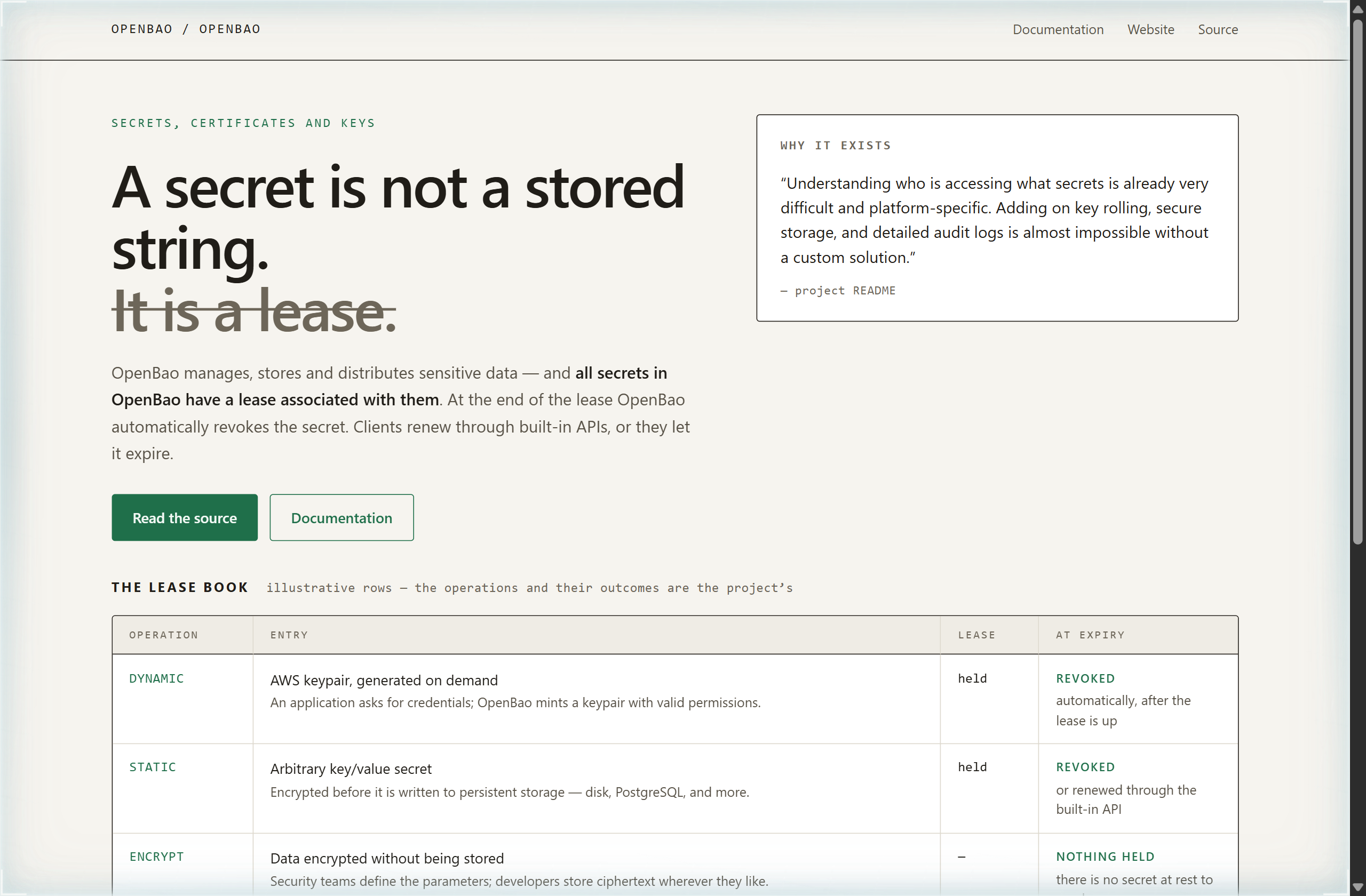 openbao/openbao landing-page hero mock, ledger style