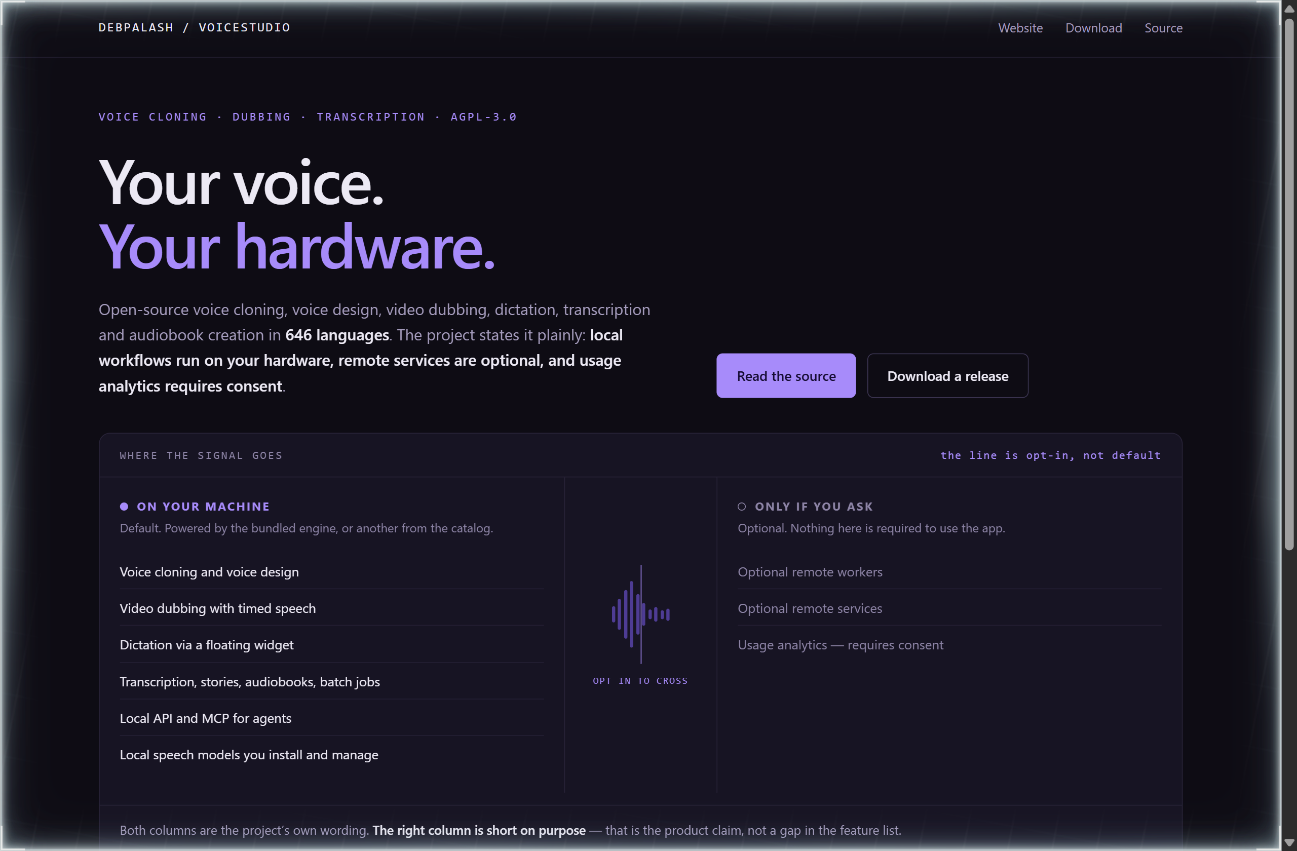 debpalash/VoiceStudio landing-page hero mock, waveform style