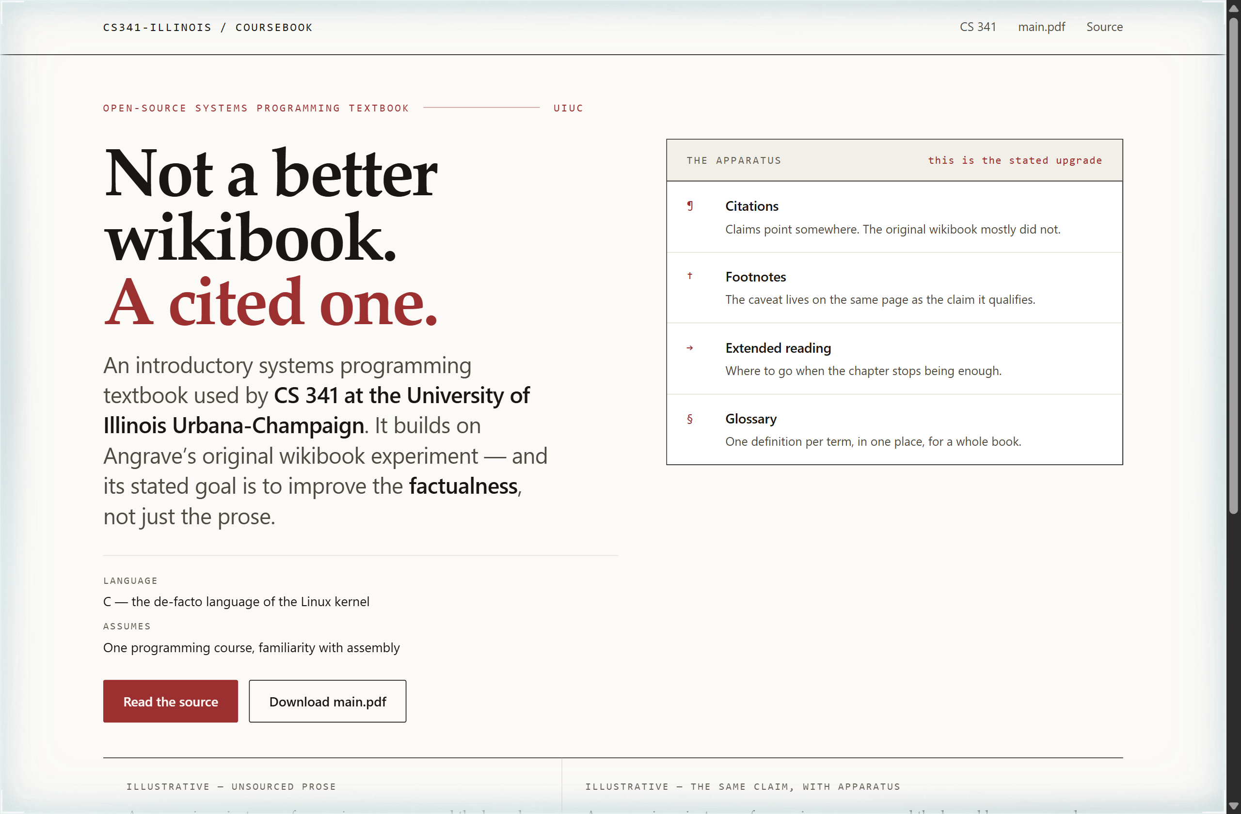 cs341-illinois/coursebook landing-page hero mock, specimen style