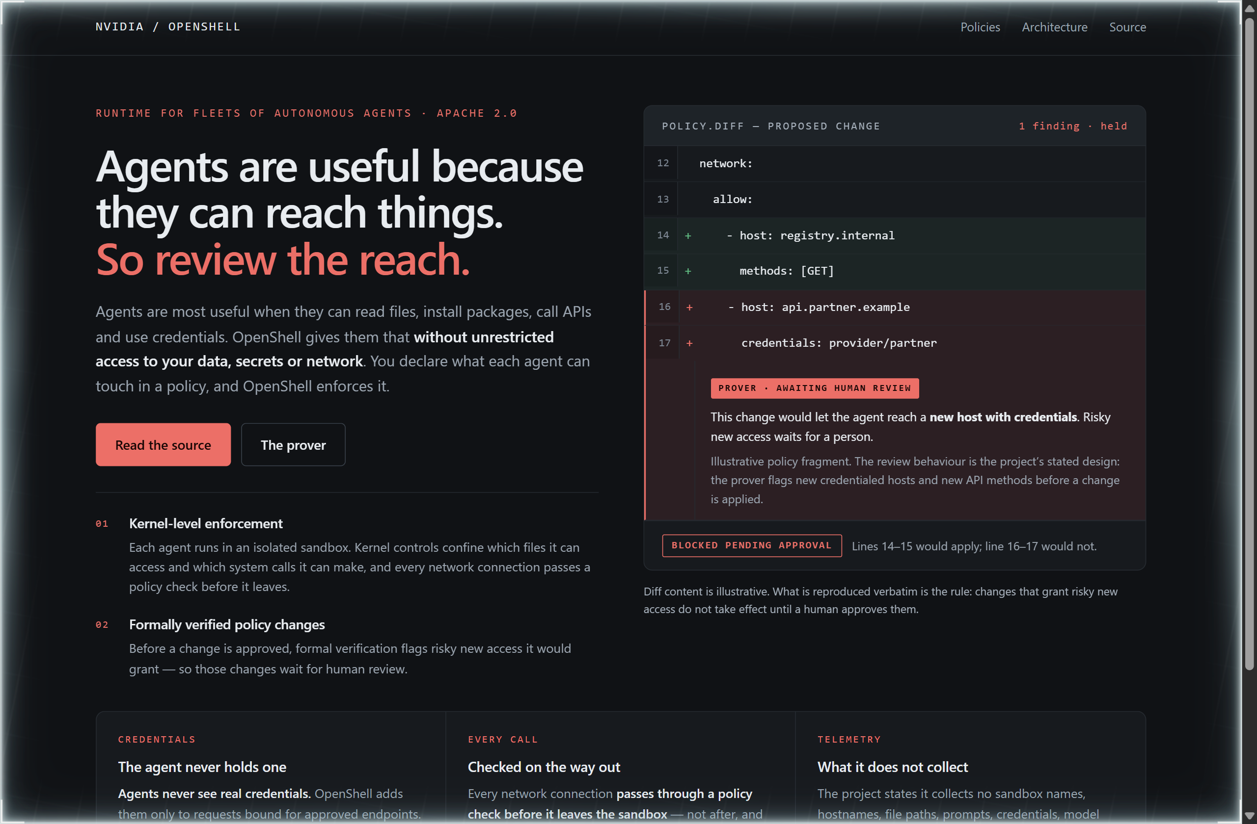 NVIDIA/OpenShell landing-page hero mock, redline style