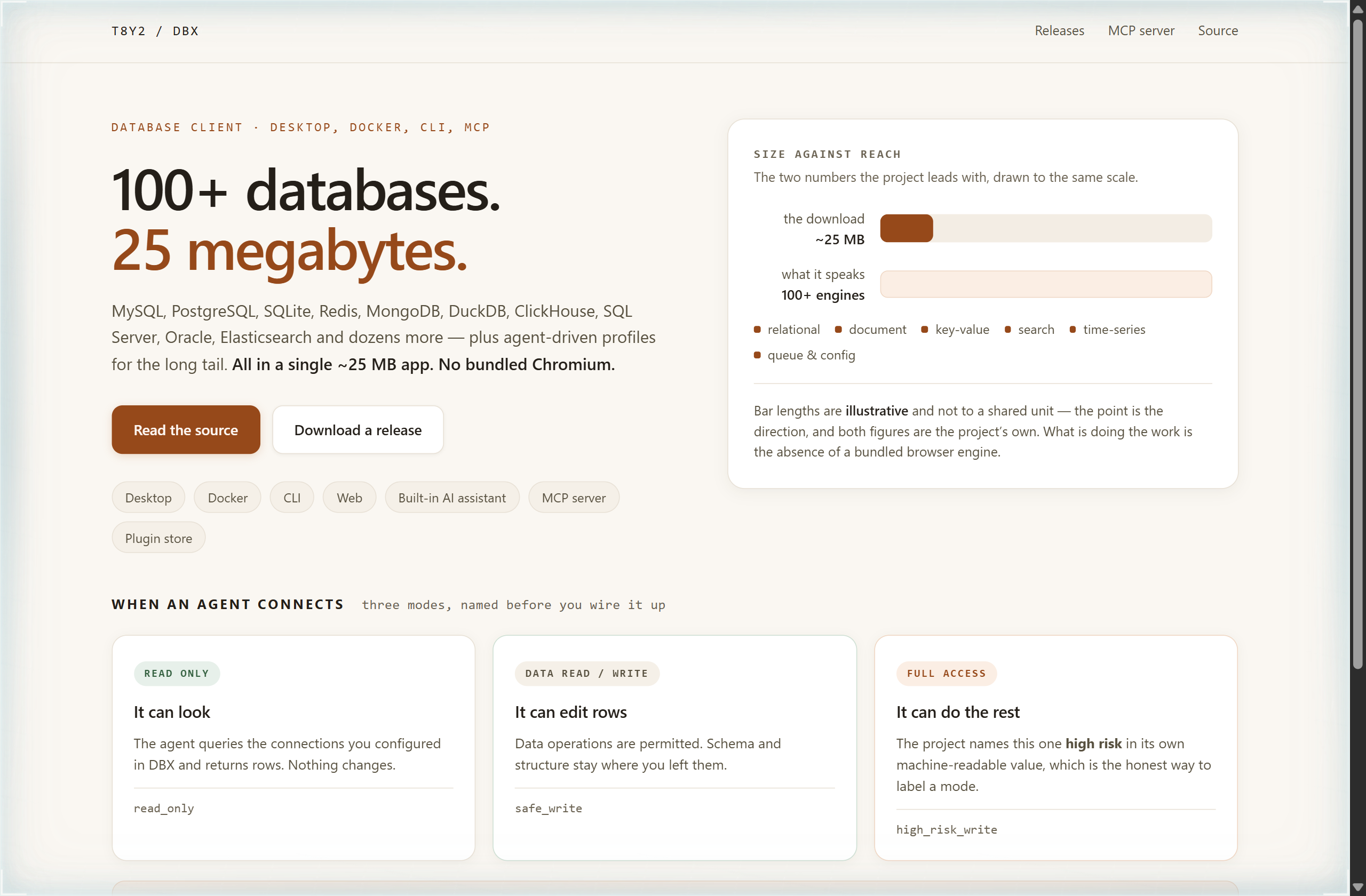 t8y2/dbx landing-page hero mock, warm-minimal style