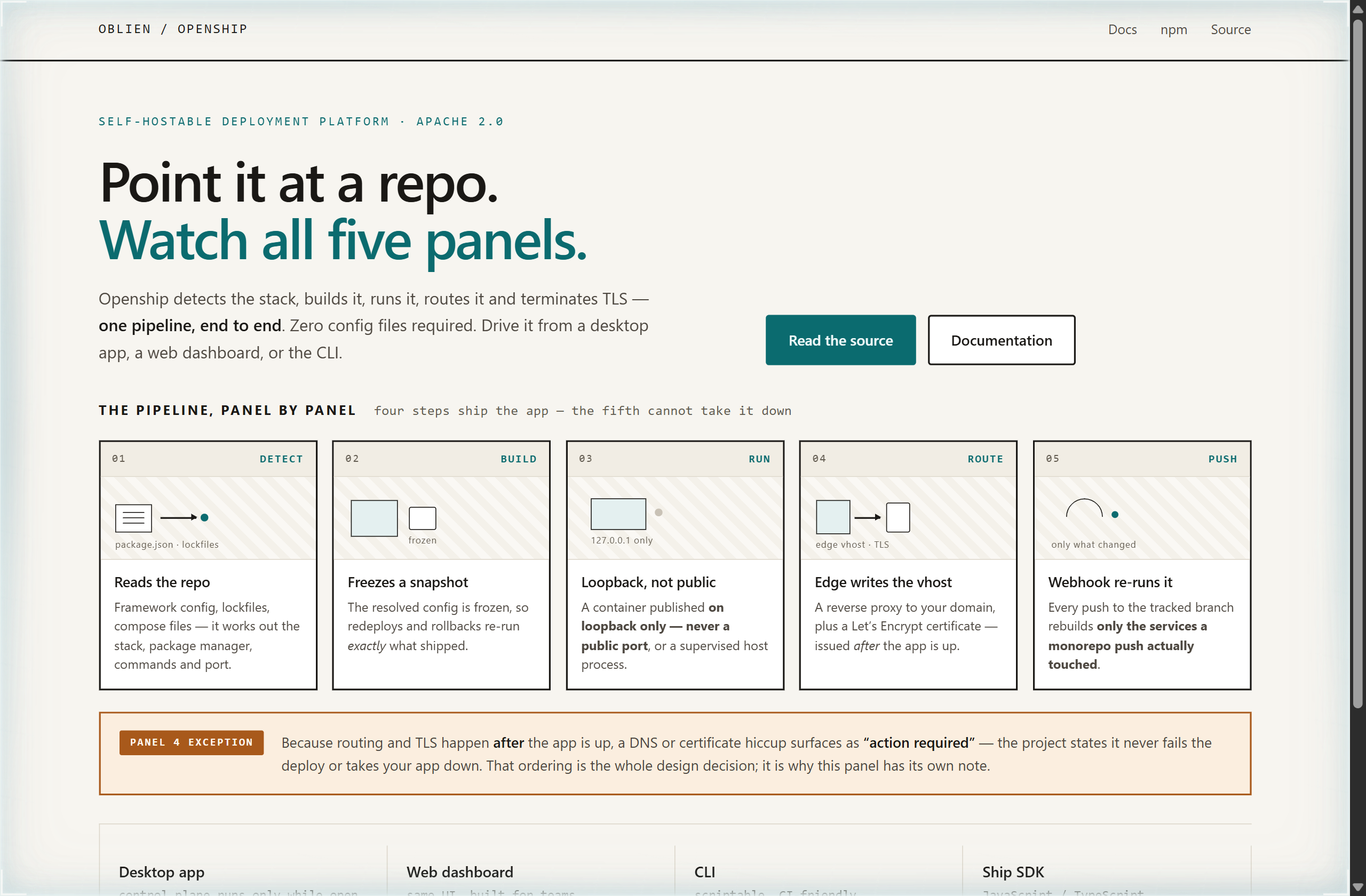 oblien/openship landing-page hero mock, storyboard style