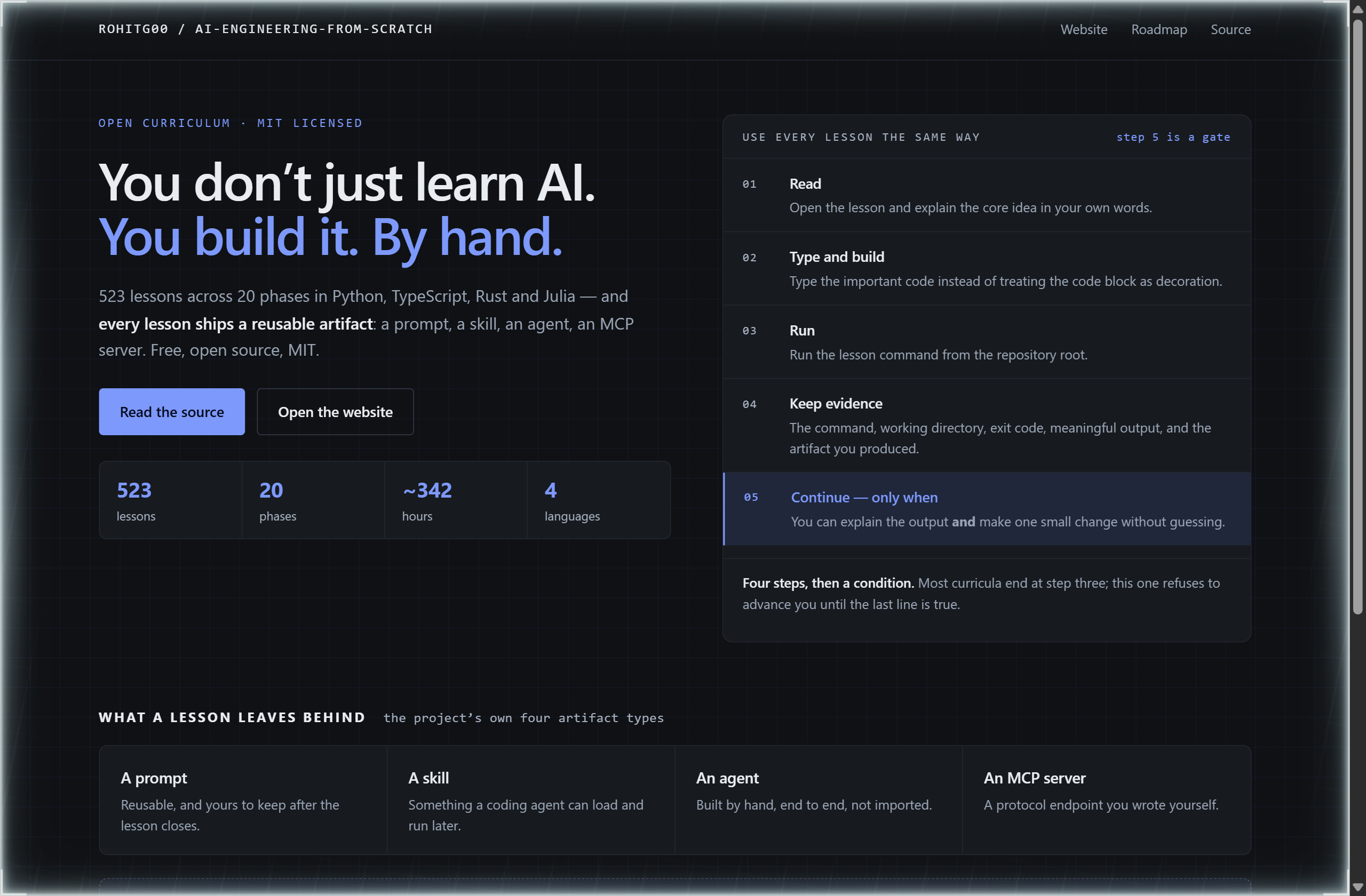 rohitg00/ai-engineering-from-scratch landing-page hero mock, blueprint style