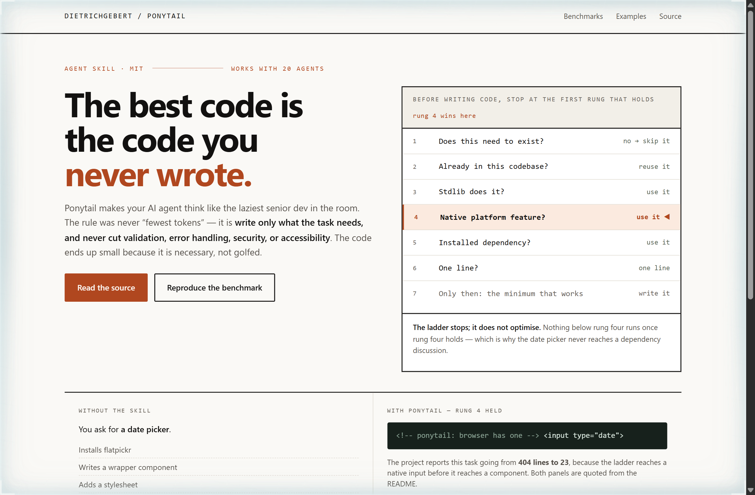 DietrichGebert/ponytail landing-page hero mock, editorial style