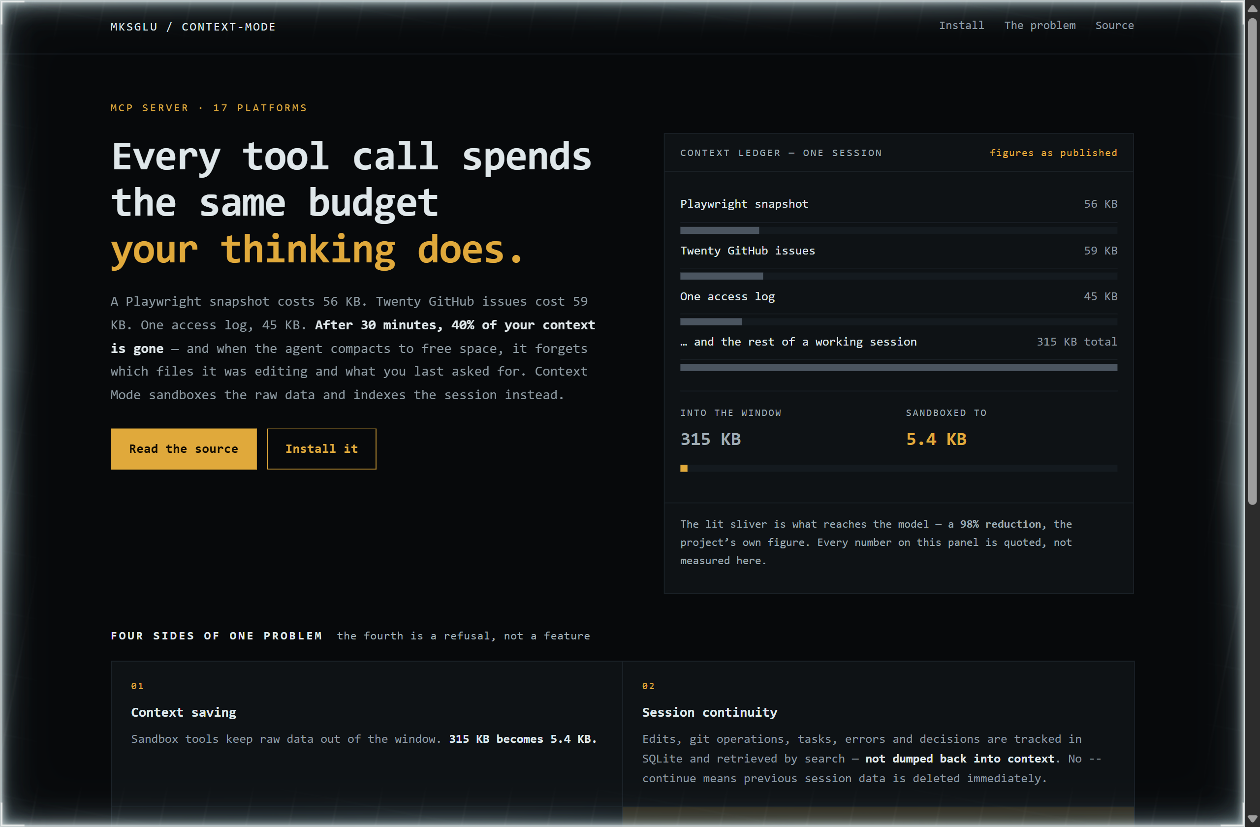 mksglu/context-mode landing-page hero mock, mono-zine style