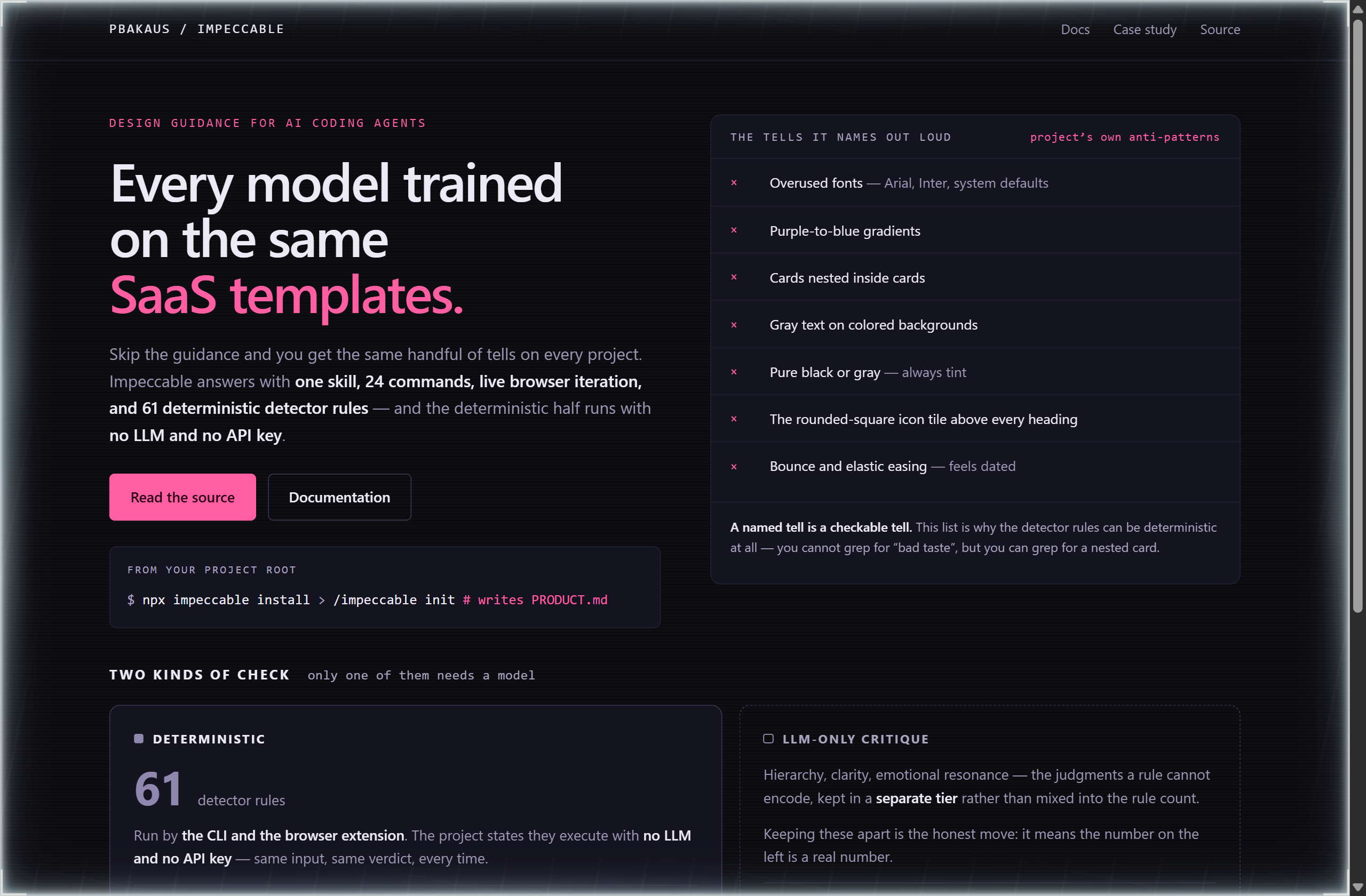 pbakaus/impeccable landing-page hero mock, neon-noir style
