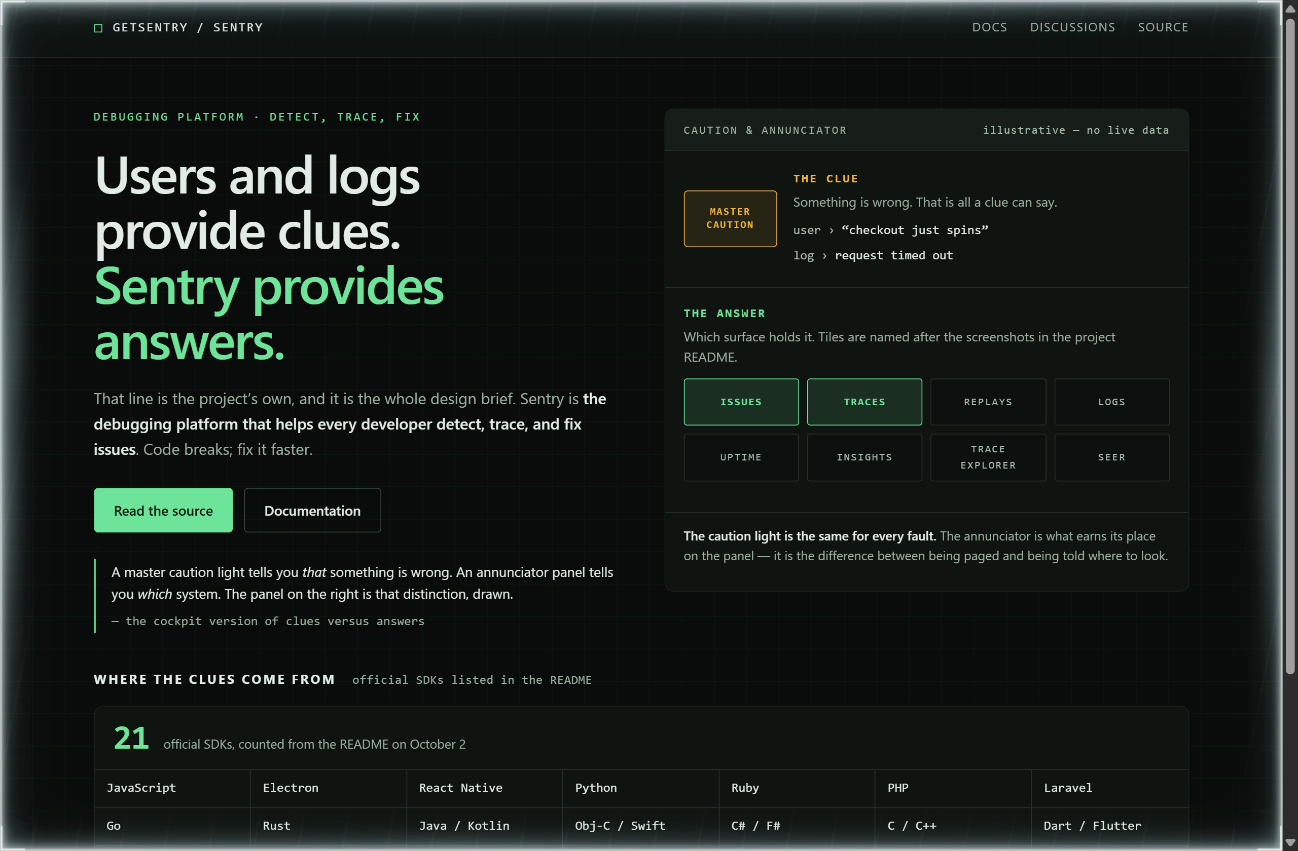 getsentry/sentry landing-page hero mock, hud style