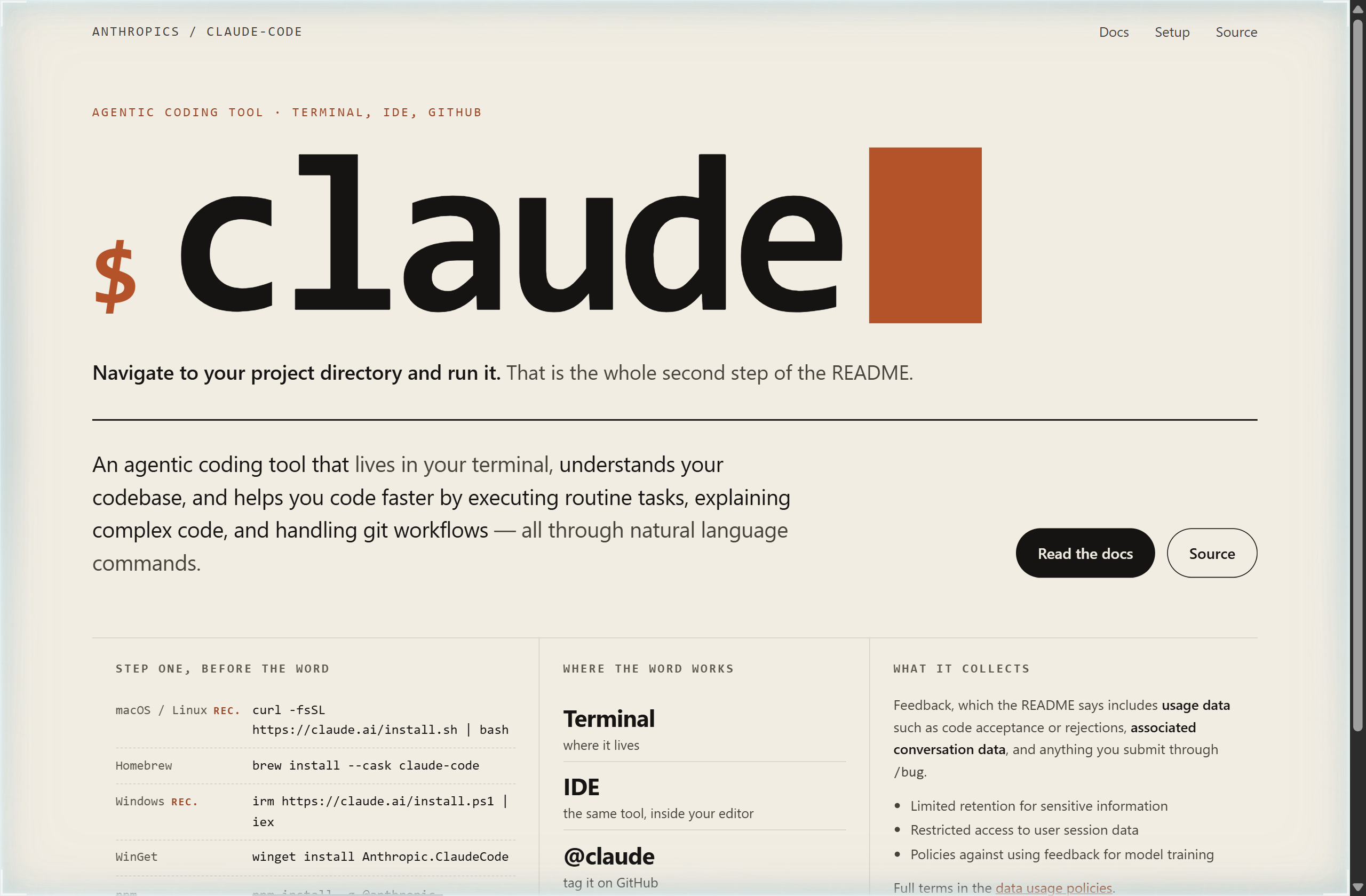 anthropics/claude-code landing-page hero mock, poster style