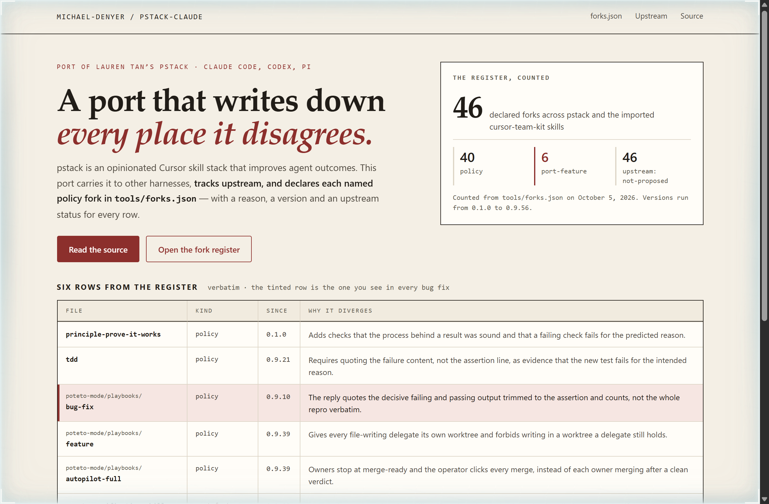 michael-denyer/pstack-claude landing-page hero mock, ledger style