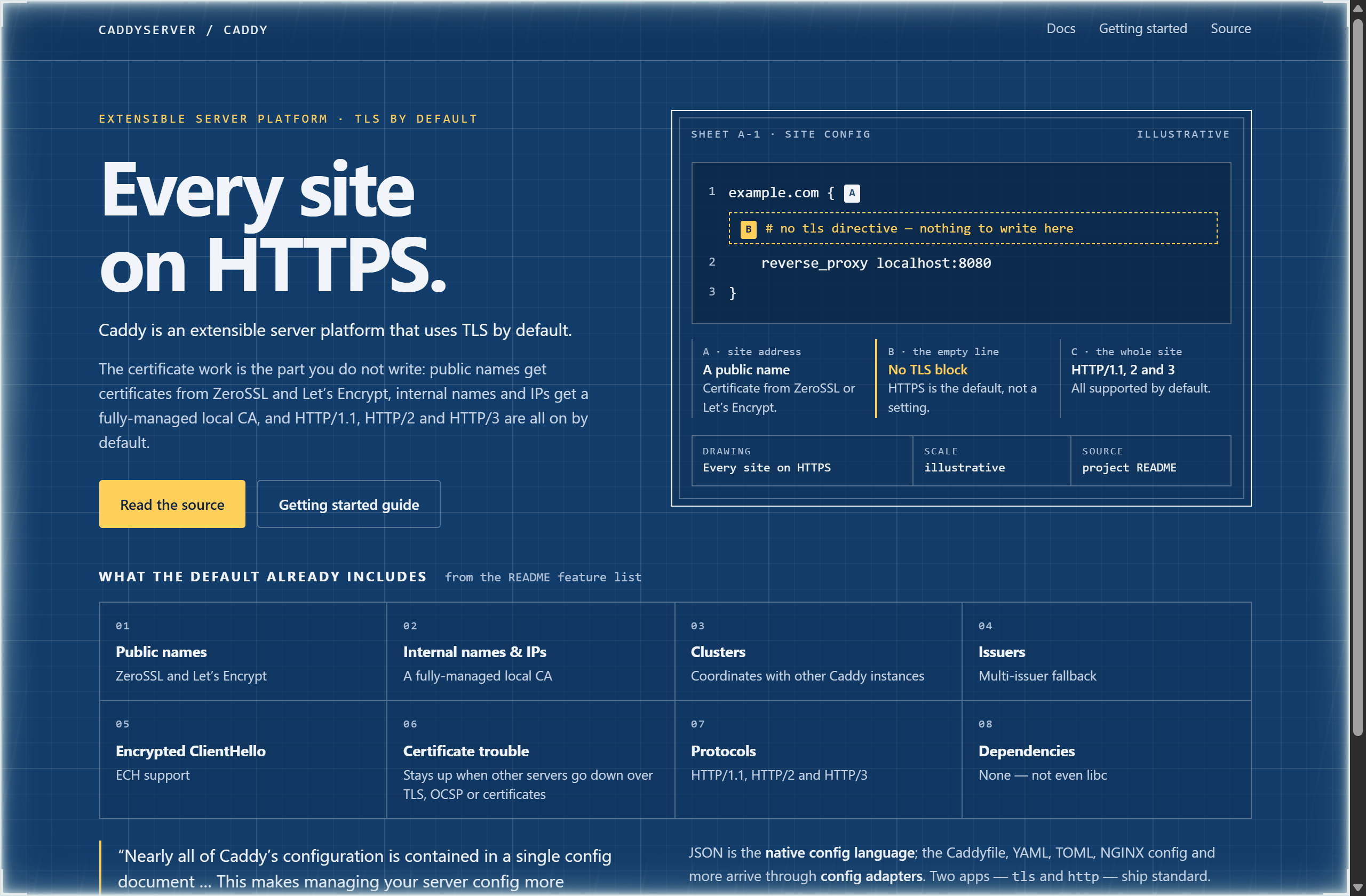 caddyserver/caddy landing-page hero mock, blueprint style