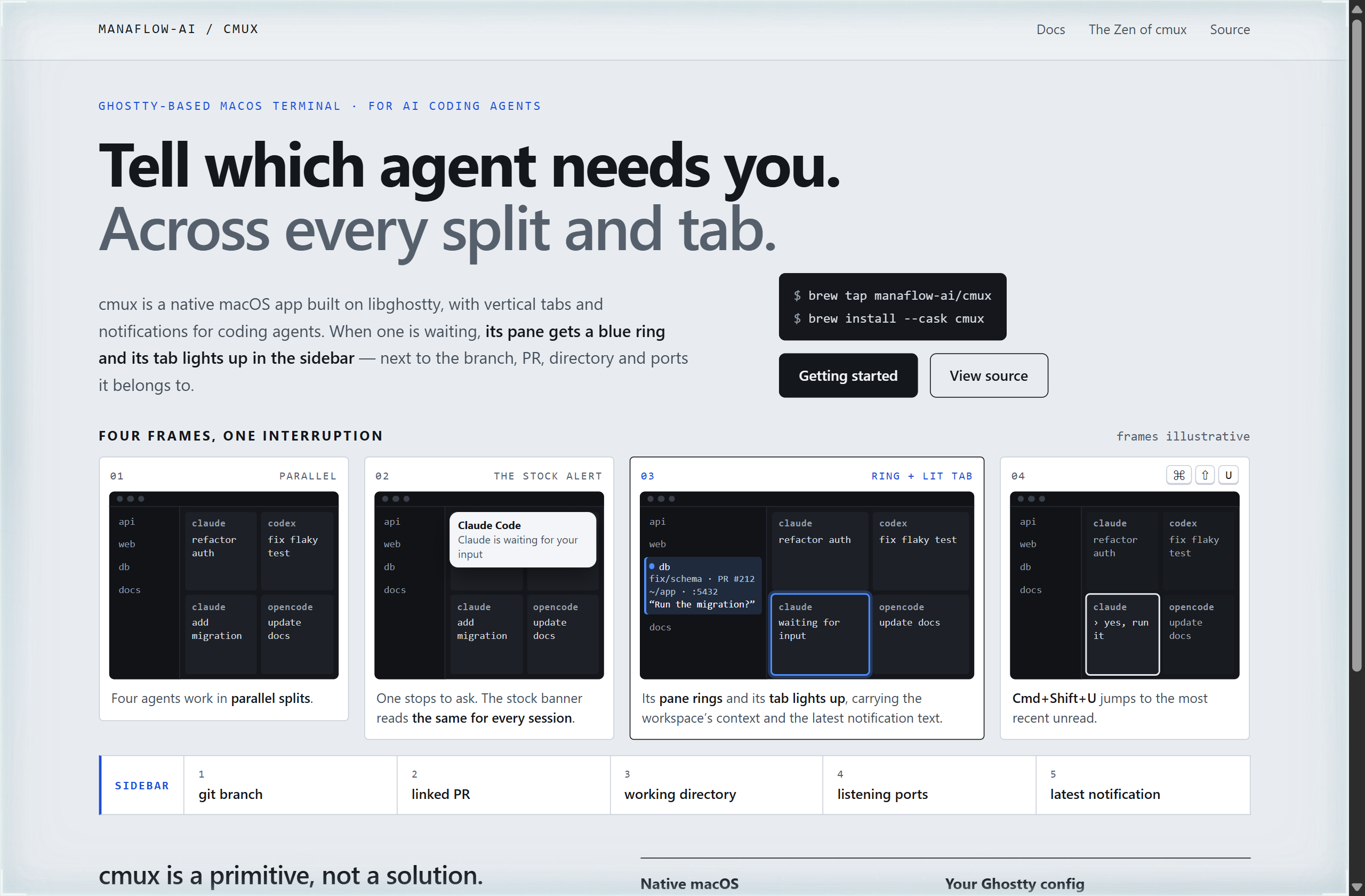 manaflow-ai/cmux landing-page hero mock, storyboard style