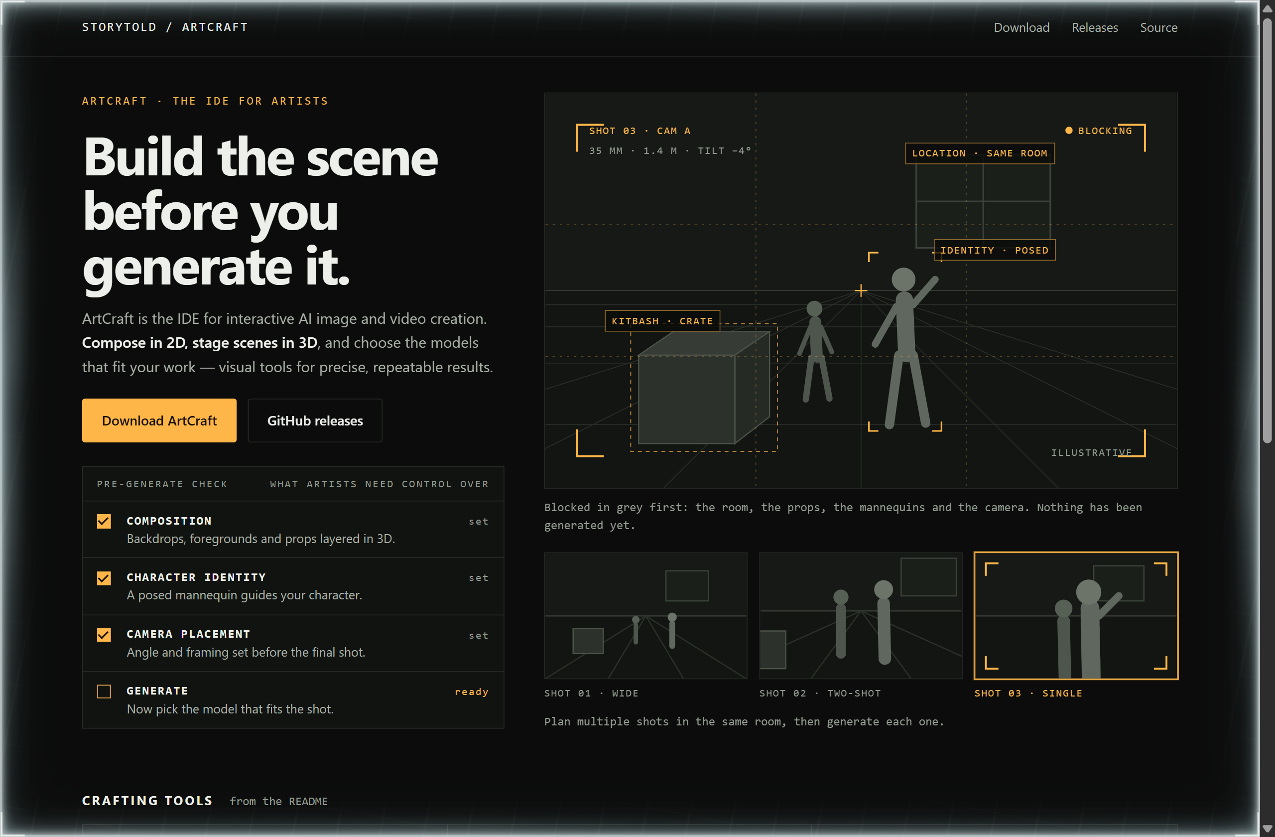 storytold/artcraft landing-page hero mock, hud style