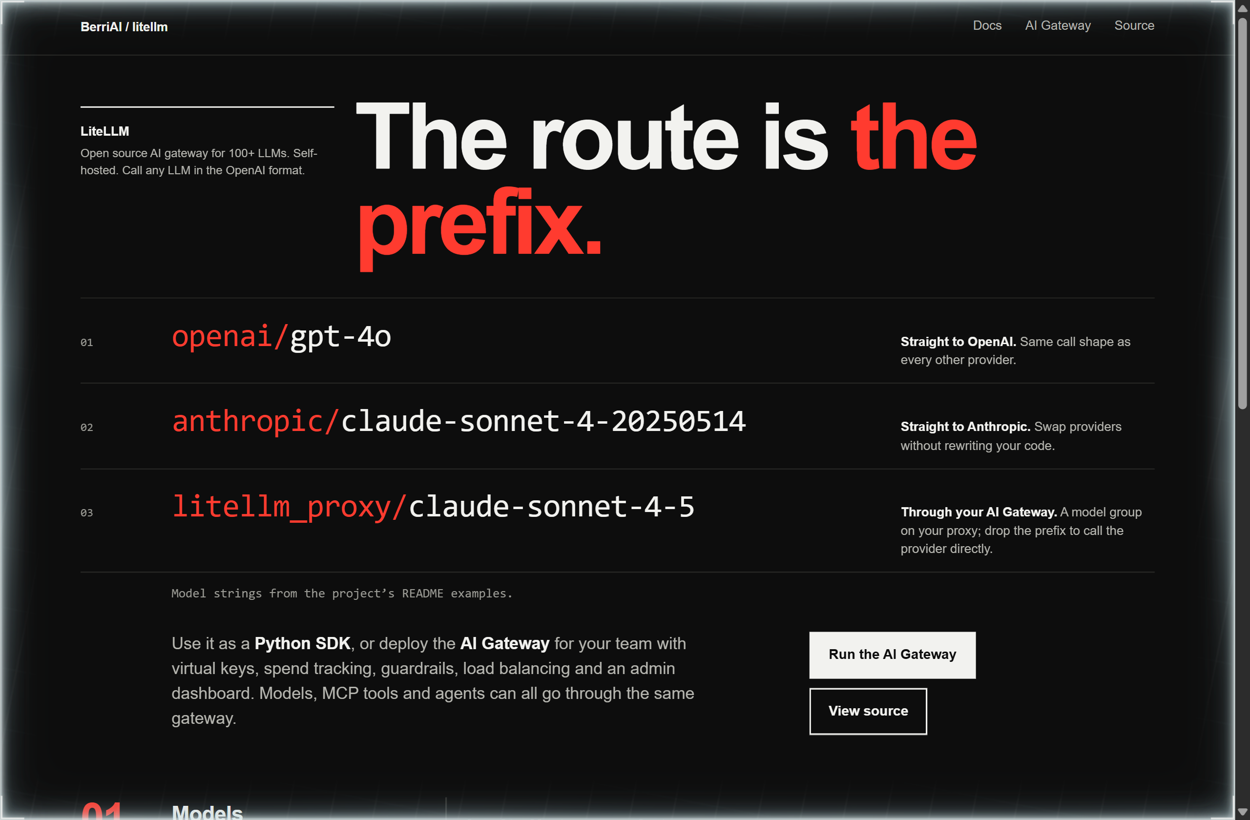 BerriAI/litellm landing-page hero mock, swiss style