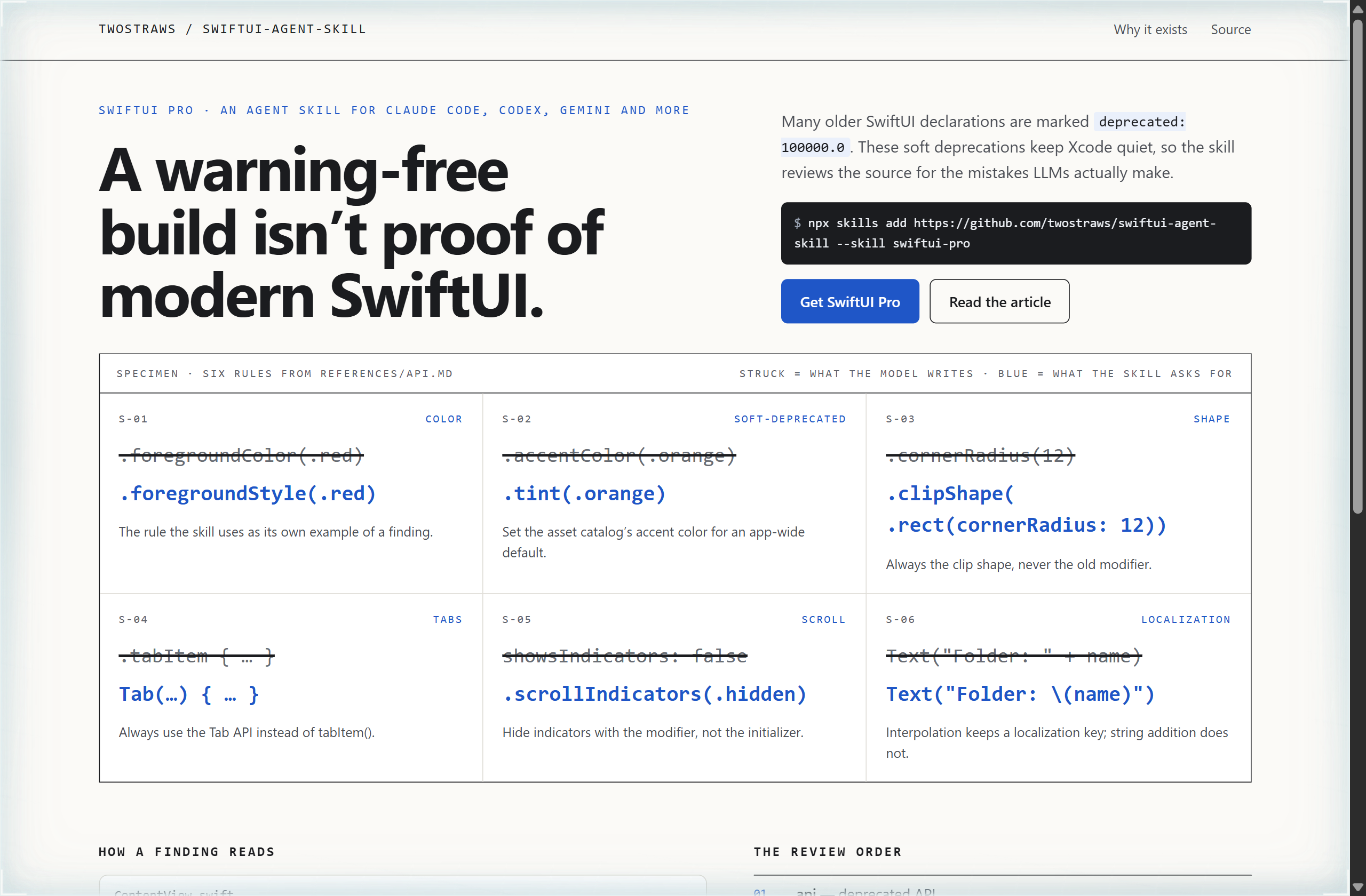 twostraws/SwiftUI-Agent-Skill landing-page hero mock, specimen style