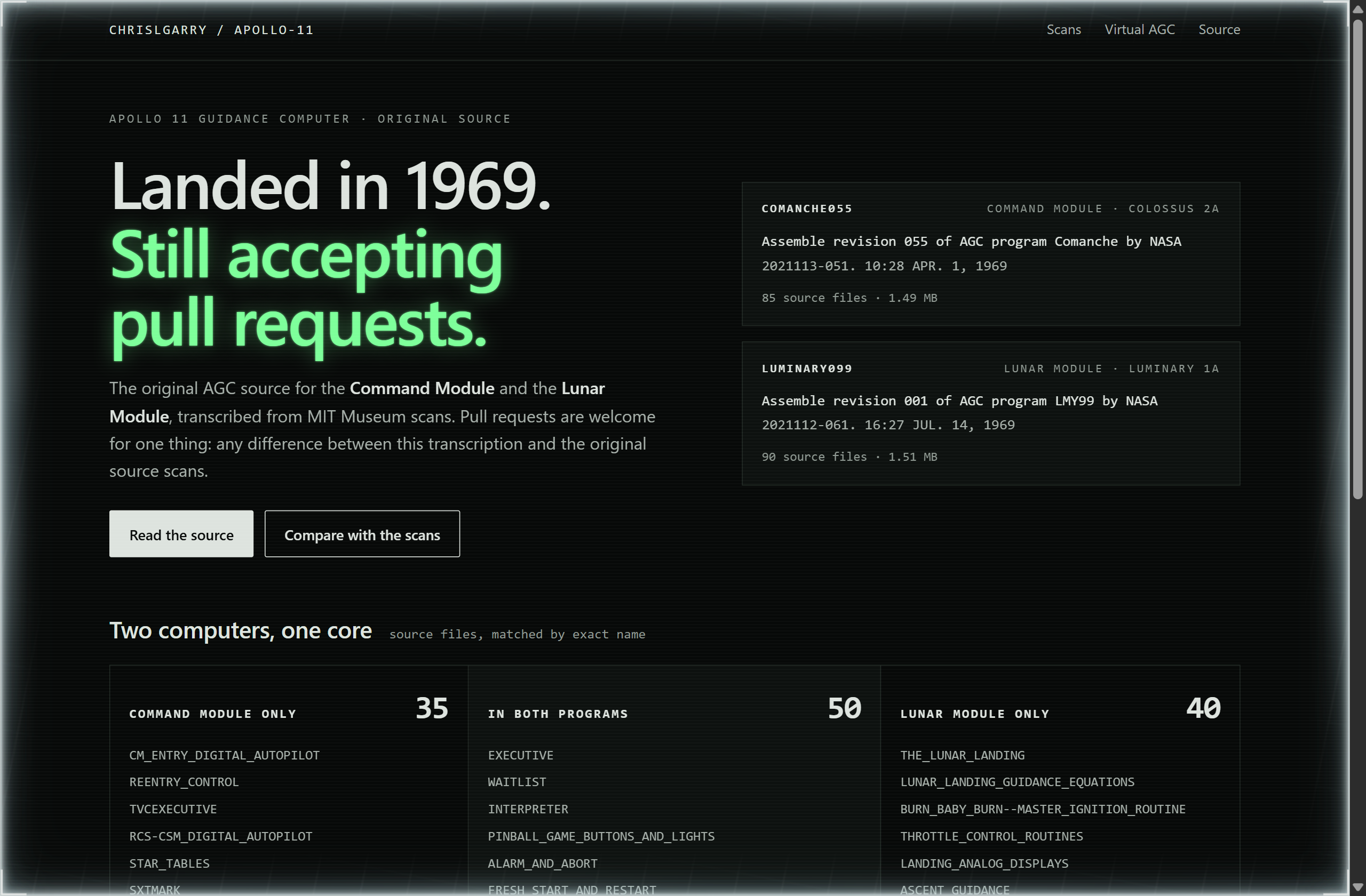 chrislgarry/Apollo-11 landing-page hero mock, neon-noir style