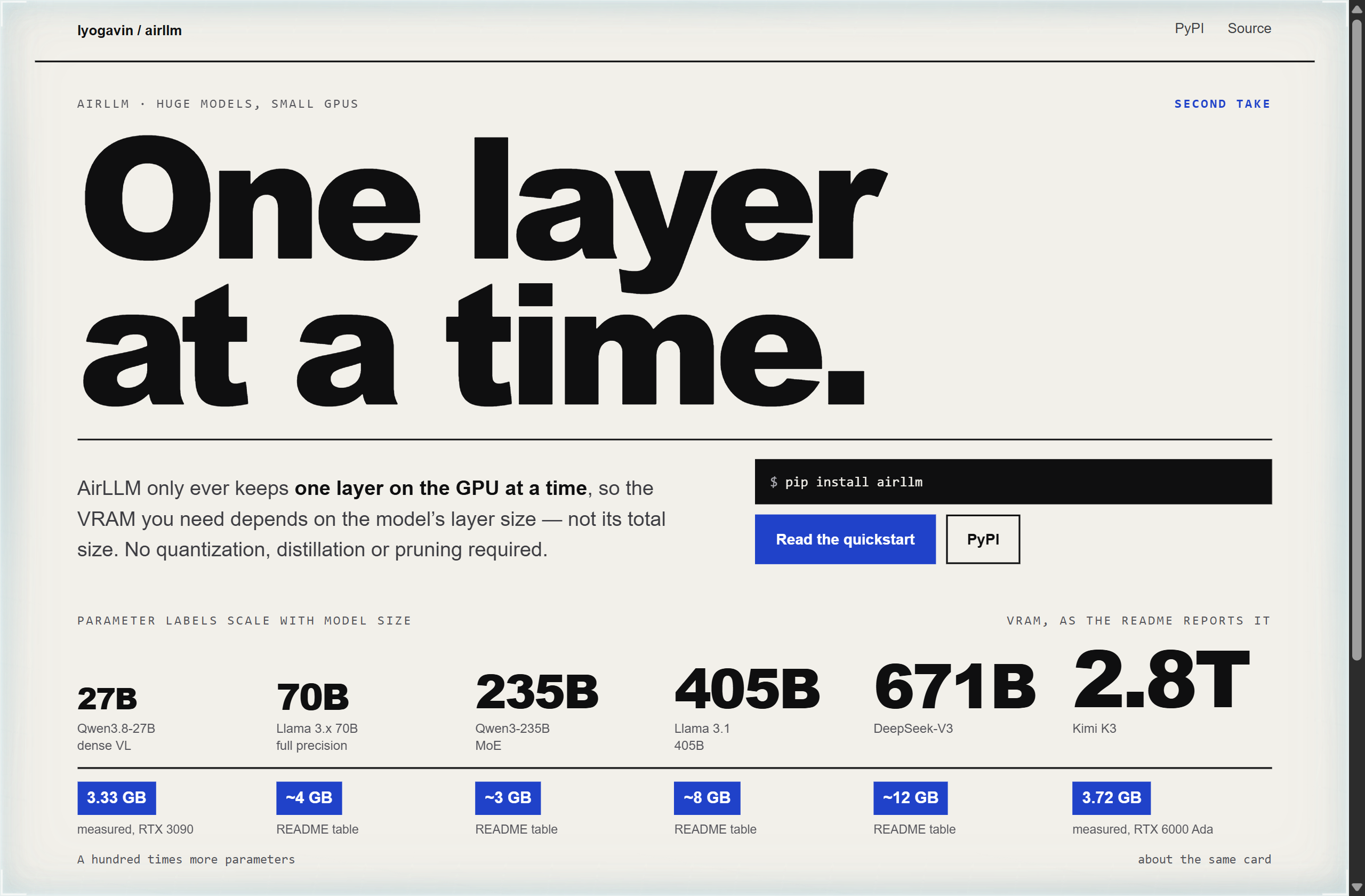 lyogavin/airllm landing-page hero mock, poster style