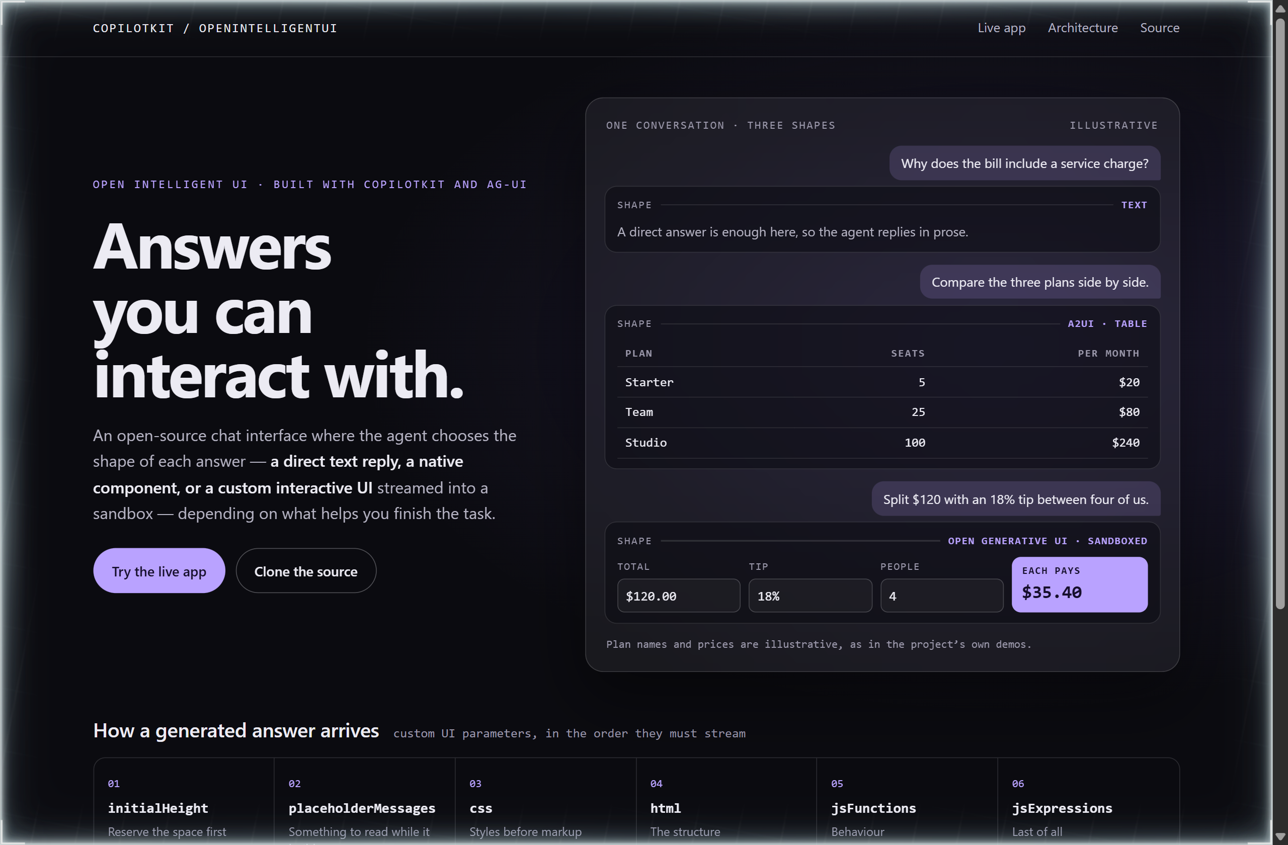 CopilotKit/OpenIntelligentUI landing-page hero mock, glass style