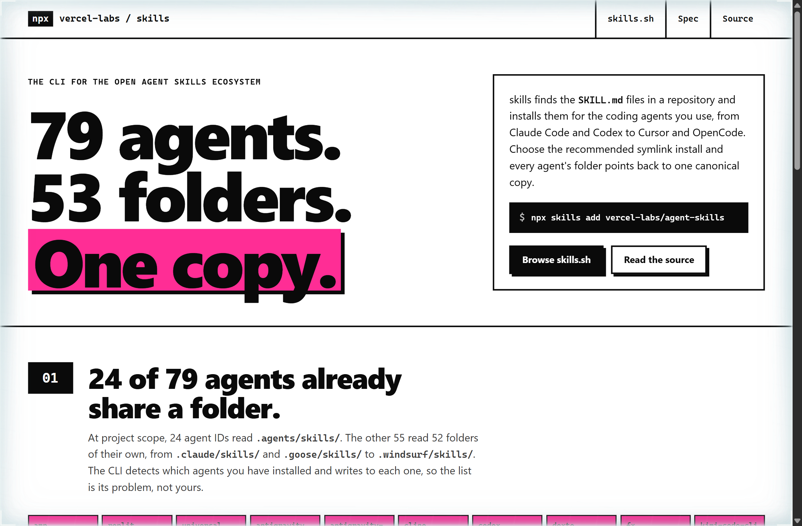 vercel-labs/skills landing-page hero mock, brutalist style