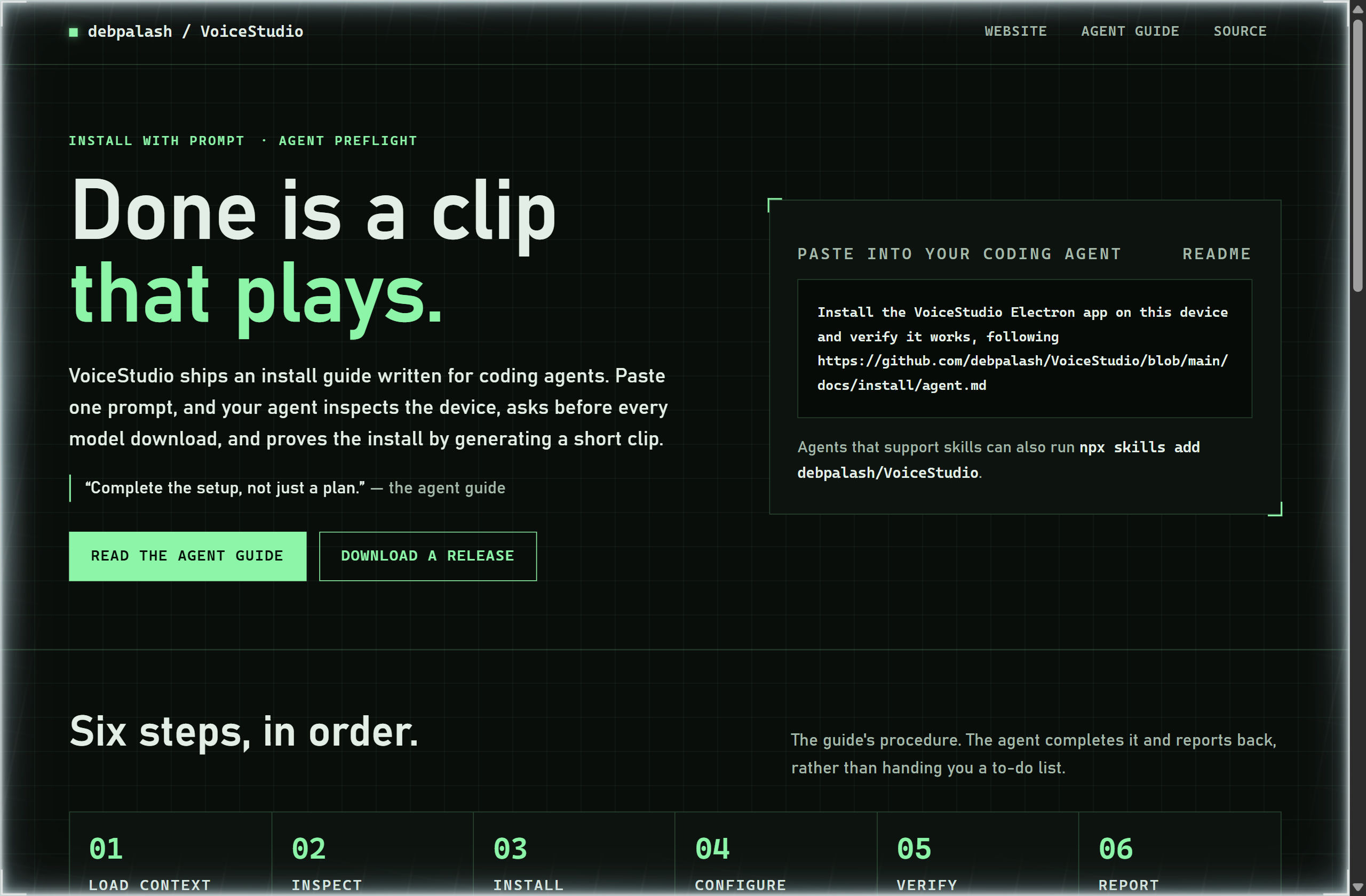 debpalash/VoiceStudio landing-page hero mock, hud style